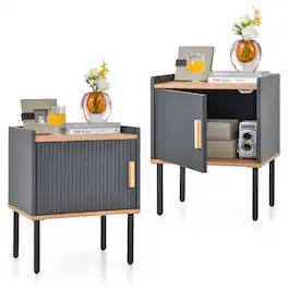 Costway - 2 PCS Nightstand Bedside End Table with Door Cabinet for Living Room Bedroom - Gray