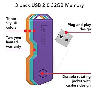 3 pack USB 2.0 32GB Memory

- Three stylish colors
- Two-year limited warranty
- Plug-and-play design
- Durable rotating jacket with capless design