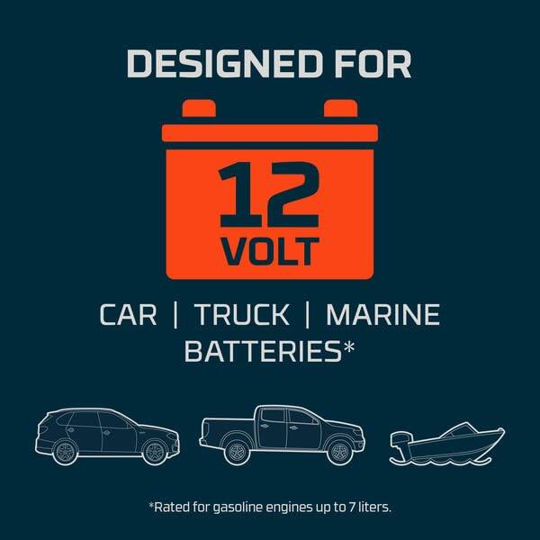 DESIGNED FOR  
12 VOLT  
CAR | TRUCK | MARINE BATTERIES*  
*Rated for gasoline engines up to 7 liters.