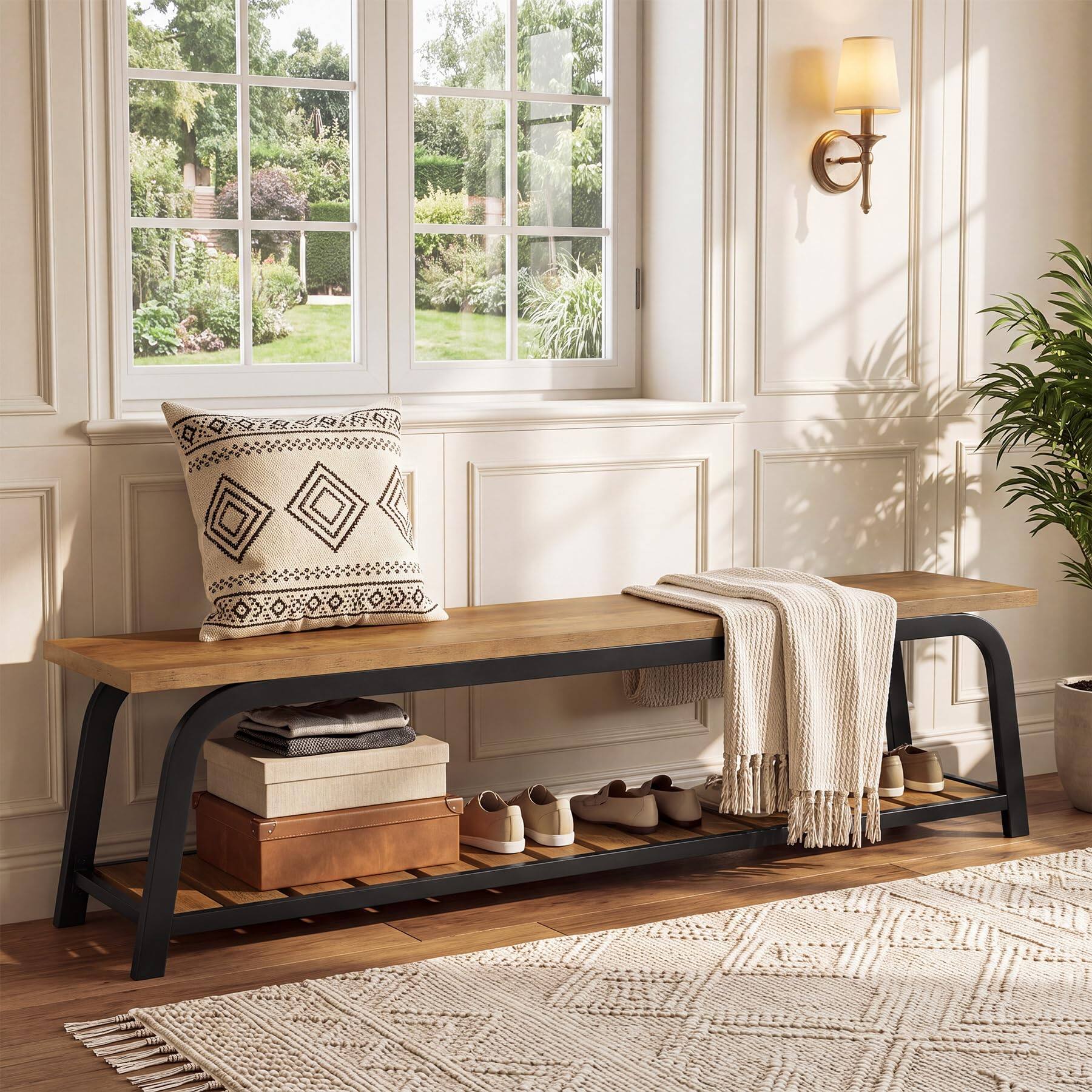 Alt View 1. Tribesigns - 63-Inch Industrial Dining Bench, 2-Tier Long Kitchen Bench - Brown & Black.