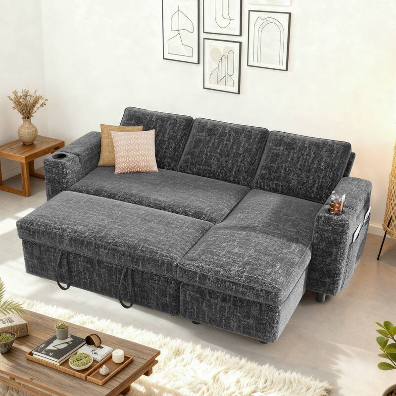 Alt View 4. Dyonery - Dyonery 81-inch convertible sofa, with built-in cup holders and storage compartments in the armrests, hidden drawers - Grey.