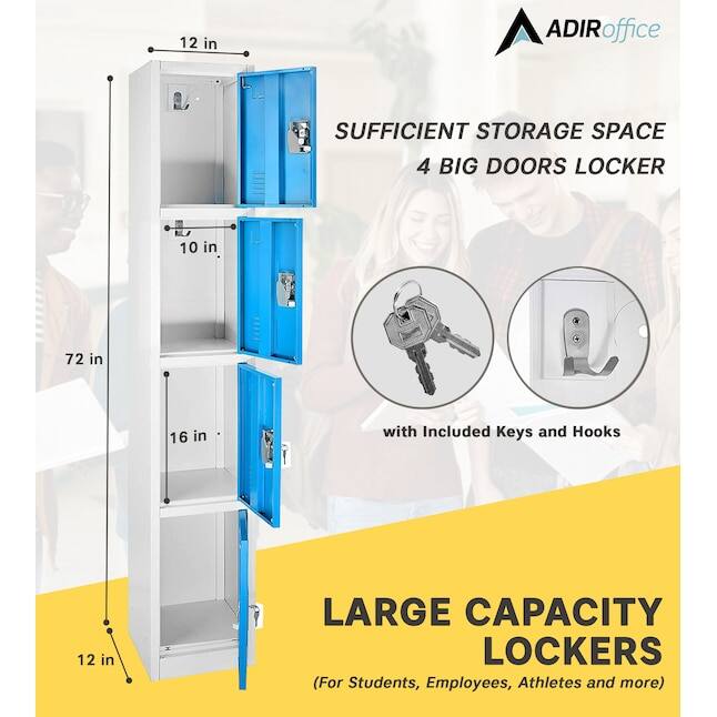 ADIRoffice SUFFICIENT STORAGE SPACE 4 BIG DOORS LOCKER with Included Keys and Hooks LARGE CAPACITY LOCKERS (For Students, Employees, Athletes and more) 12 in 10 in 72 in 16 in