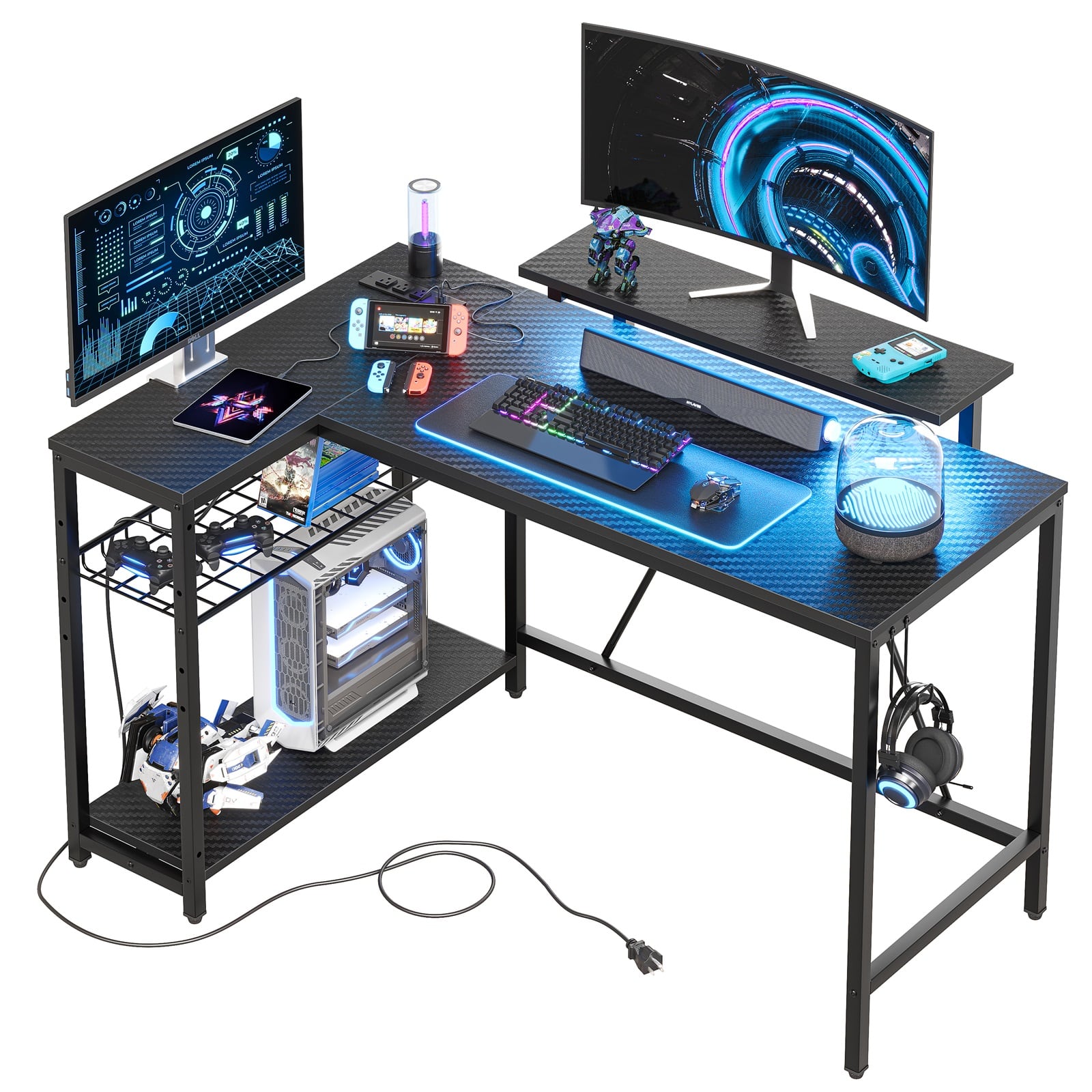 Front. Bestier - L-Shaped Computer Gaming Desk with LED Lights, Power Strip, Monitor Stand, Charging Station & Adjustable Storage - 48" Black Carbon Fiber.