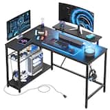 Bestier - L-Shaped Computer Gaming Desk with LED Lights, Power Strip, Monitor Stand, Charging Station & Adjustable Storage - 48" Black Carbon Fiber