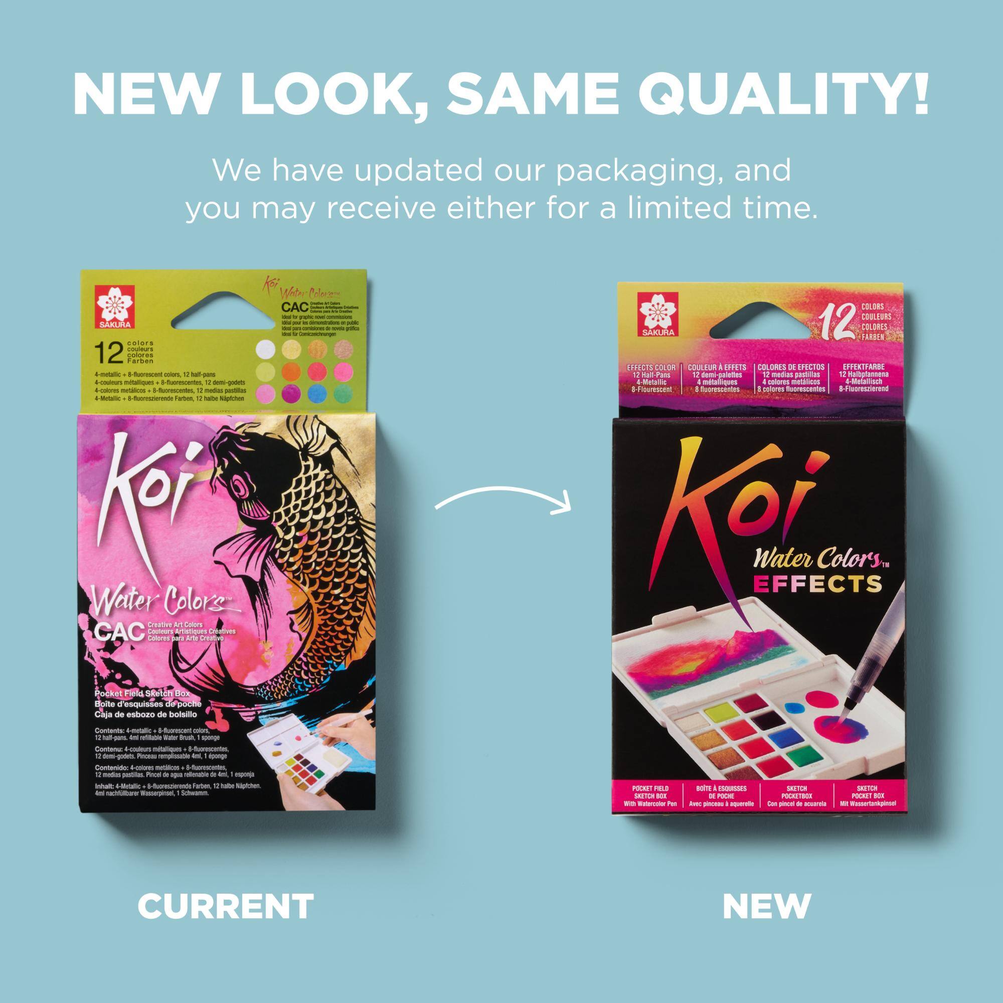 NEW LOOK, SAME QUALITY!  
We have updated our packaging, and you may receive either for a limited time.

SAKURA colors  
12 Farben colores 12 -godieto 4-metalic -futrescent colon, 13 half-pans 4-couleurs mtaliques 8-fluorescantes, 12 -godieto 4-colores netalicas 8-fuorescentes, 12 medias partillas 4-Bletalic 8-fuornazierende Farber, 1/2 tabe Naplichent Water Colorse Creative Colors CAC Colories Couleurs carb  Arte Creativo Creatives Pocket Field Sketch Box Boite 0 esquisses do pocho Caja de esbozo de bolsillo  
Water CAC DU 2g pake 21 50 rilla as 4 Comiceichungen  
COLORS COULEURS SAKURA 12 COLORES FARBEN EFFECTS COLOR COUL EUR A EFFETS ORES DE EFECTOS EFFEKTFARBE 12 Hall-Pans 12 polettes 12 medias astillas 12 alb