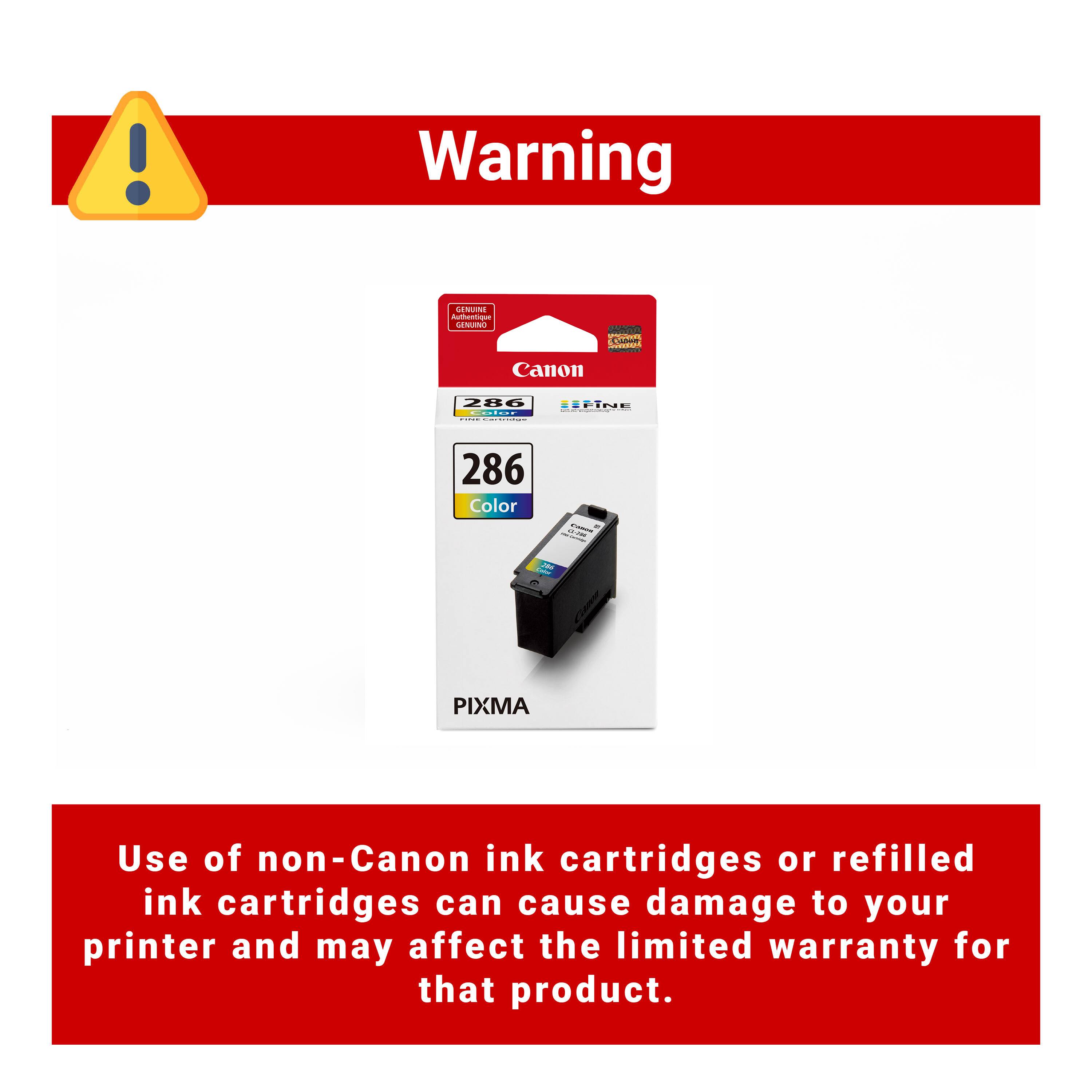 Warning: Use of non-Canon ink cartridges or refilled ink cartridges can cause damage to your printer and may affect the limited warranty for that product.