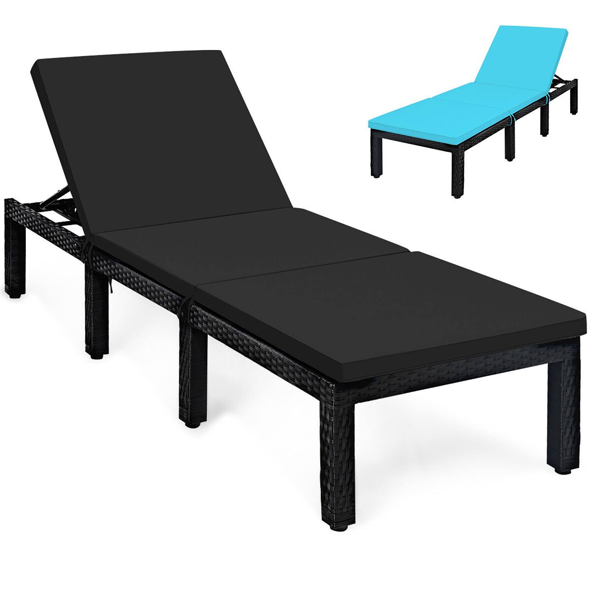 Front. Gymax - Gymax Adjustable Rattan Patio Chaise Lounge Chair Couch w/ Black & Turquoise Cushion - Black/Turquoise.