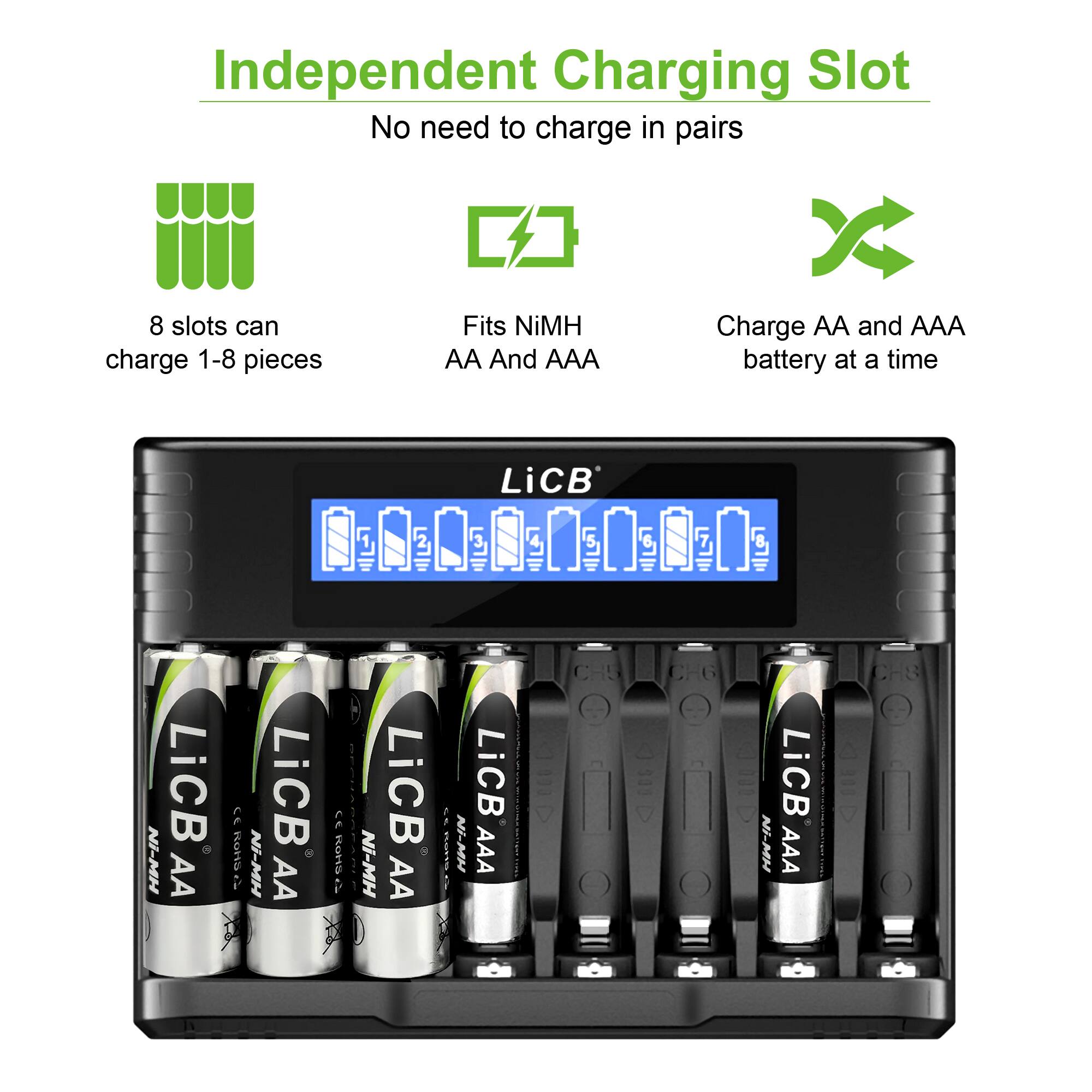 Independent Charging Slot  
No need to charge in pairs  

8 slots can charge 1-8 pieces  

Fits NiMH AA And AAA  

Charge AA and AAA battery at a time  

LiCB  
Ni-MH  
AA LiCB 8  
" ROHO  
Ni-MH  
AA LiCB  
CE ROHS  
Ni-MH  
AA LiCB  
Ni-MH  
LiCB AAA  
Ni-MH  
AAA LiCB