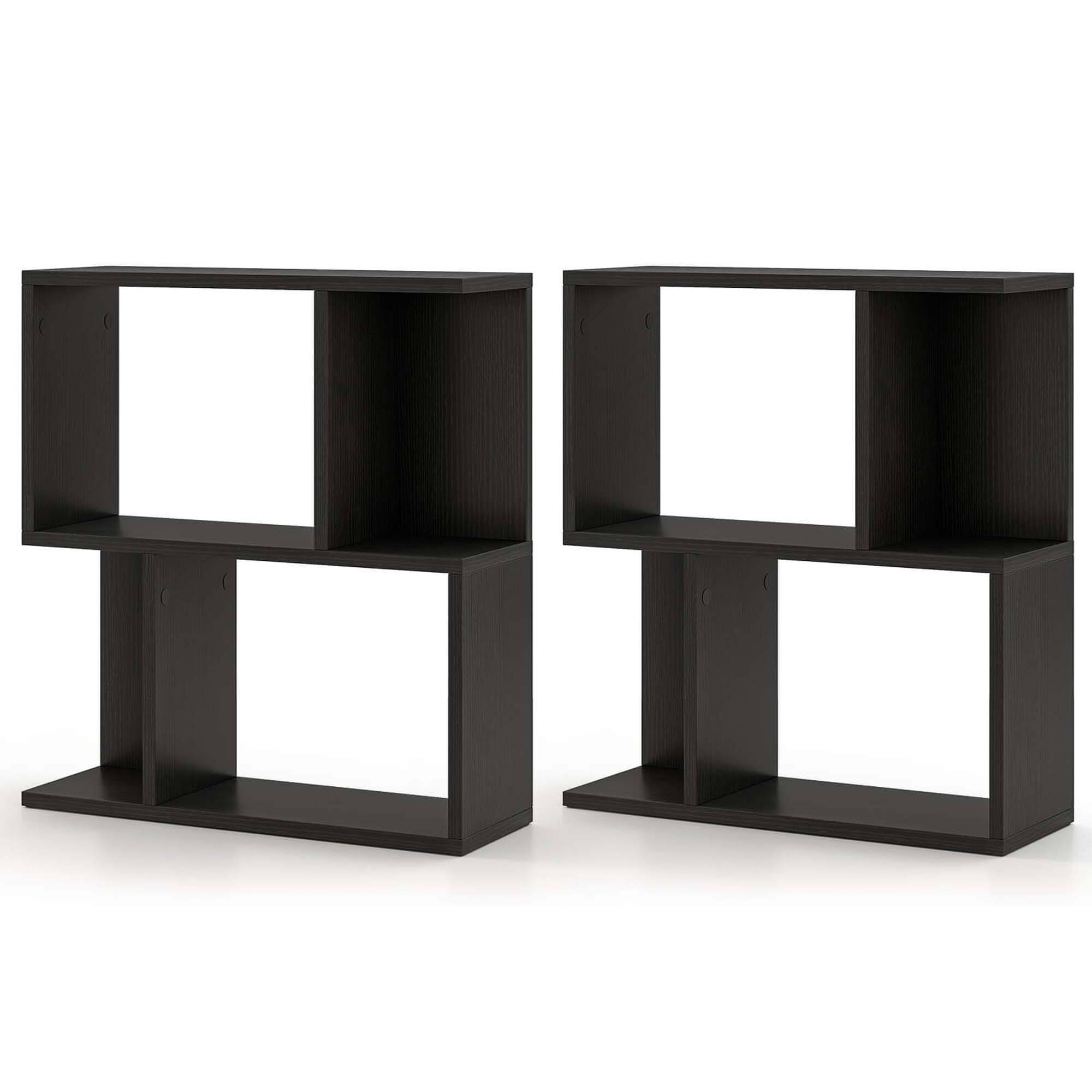 Front. Costway - 2 PCS 3-Tier Bookshelf Geometric Bookcase Side Table with Open Storage Display Shelf - Black.