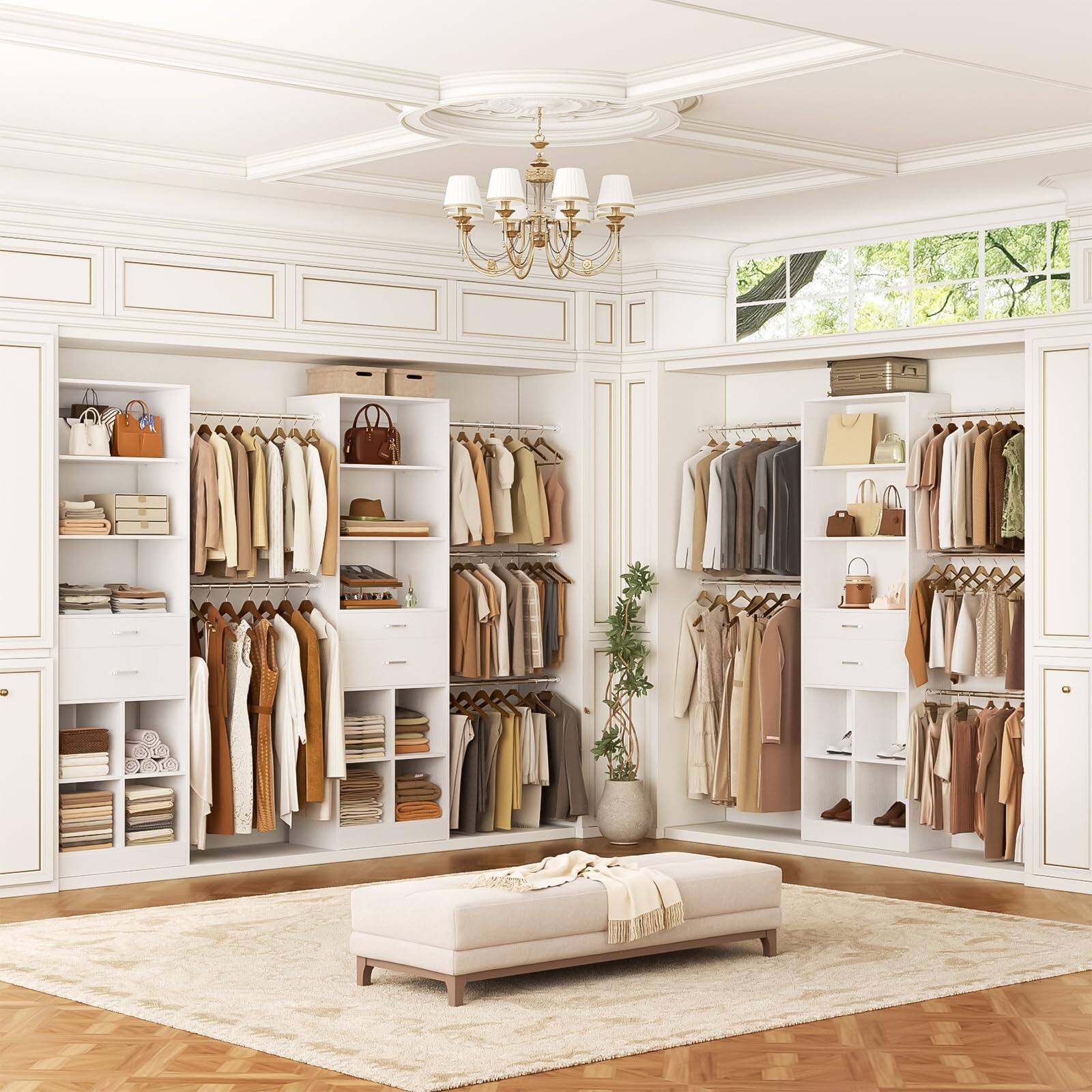Alt View 3. Aheaplus - 4-8 FT Walk-in Closet Organizer with 2 Wood Drawers, 5 Hang Rods & Built-in Shelves - Fits 60-96'' Closets - White.