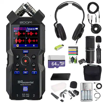 MCOS 00:02:13 / 06:49:18
1 MIC L
2 MIC R
MIXER
micro 64GB XC
H4 essential Handy Recorder
32 Float
XLR: MIC 1
TRS: LINE 2