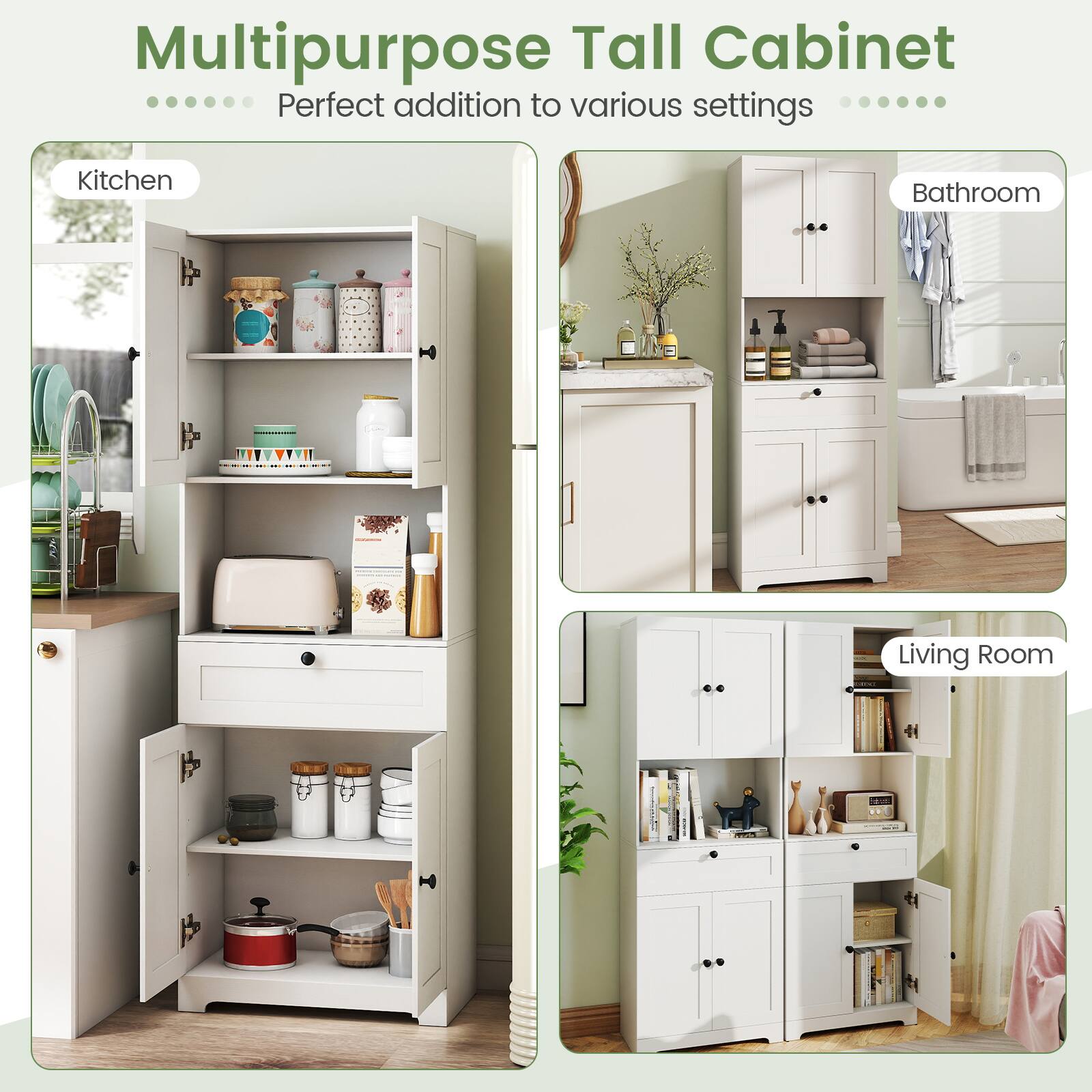 Multipurpose Tall Cabinet  
Perfect addition to various settings  

- Kitchen  
- Bathroom  
- Living Room