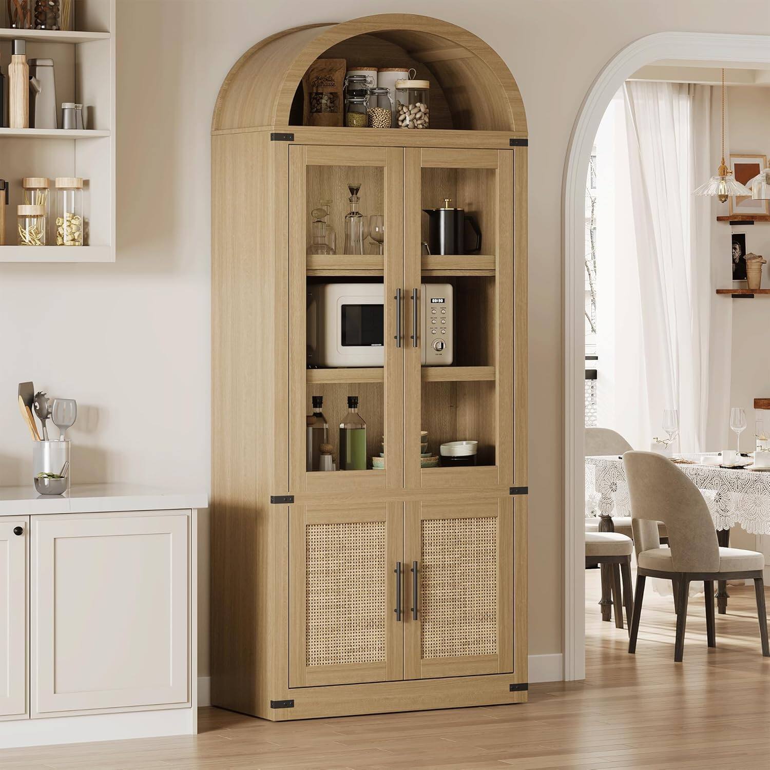 Angle. Homhougo - Arched Storage Bookcase, 6-Tier Modern Wooden Shelving with Doors for Living Room, Natural - Natural.
