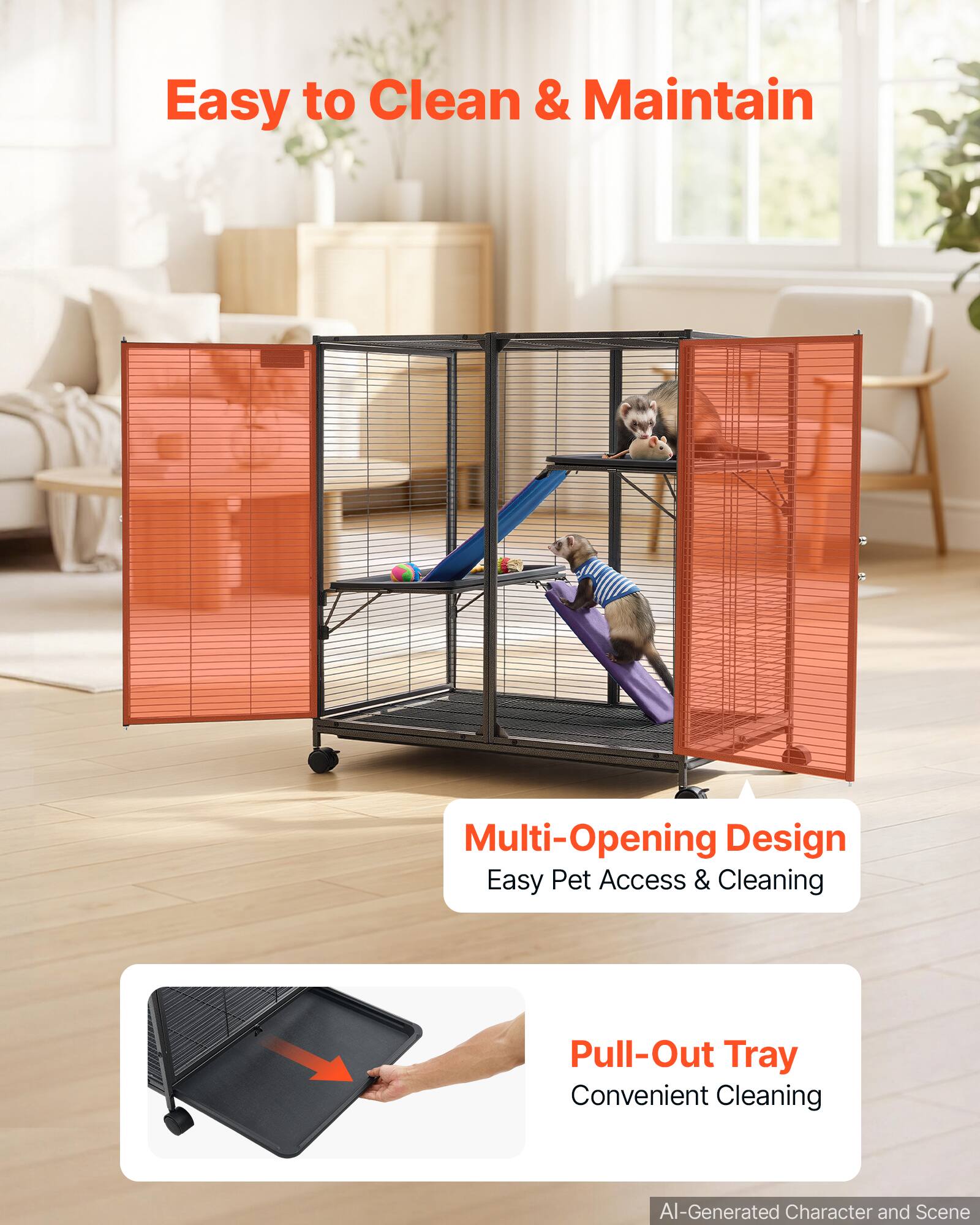 Easy to Clean & Maintain

Multi-Opening Design
Easy Pet Access & Cleaning

Pull-Out Tray
Convenient Cleaning

AI-Generated Character and Scene