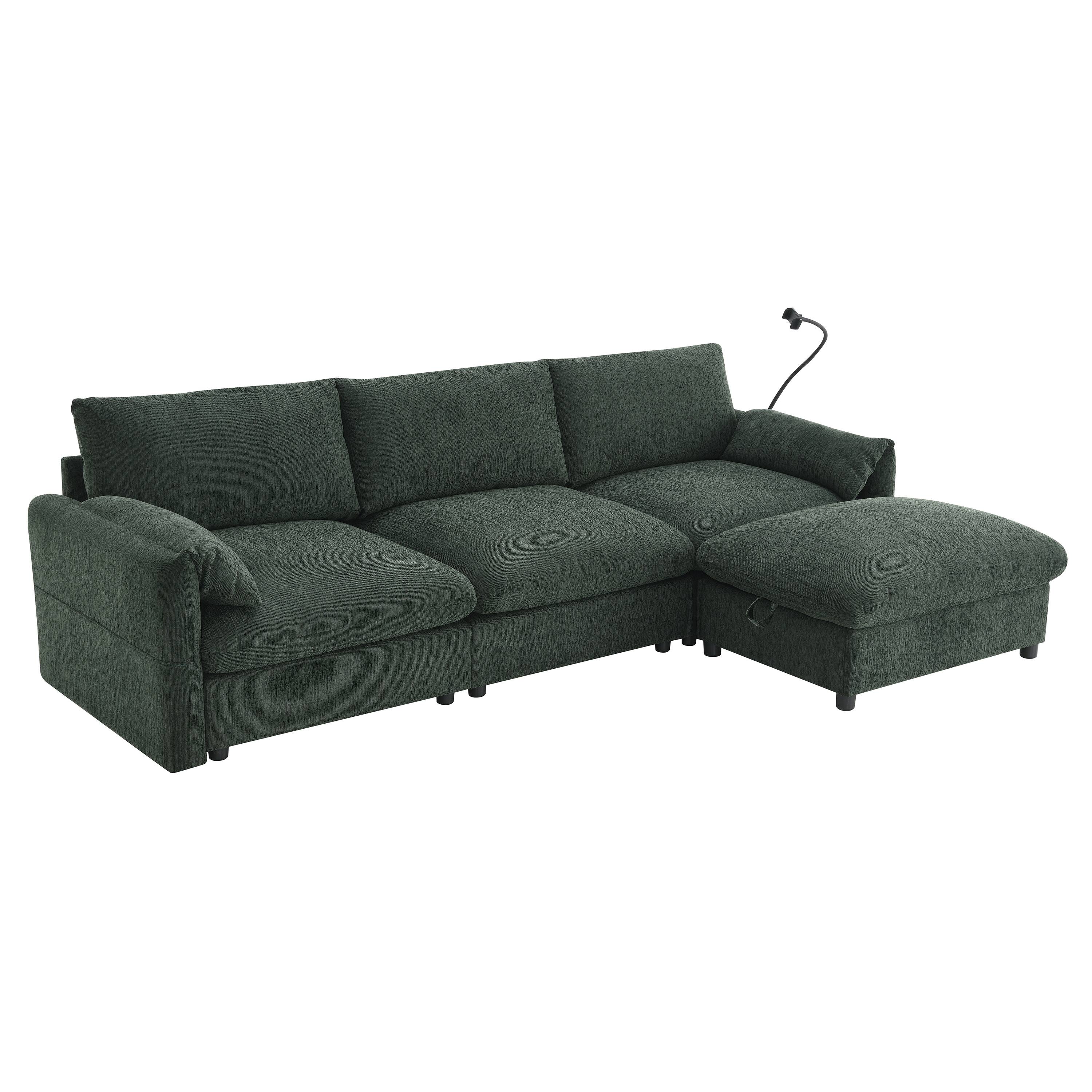 Left. Whisen - 96.5" L-Shaped Chenille Sectional Sofa with Storage Ottoman & USB for Living Room - Green.