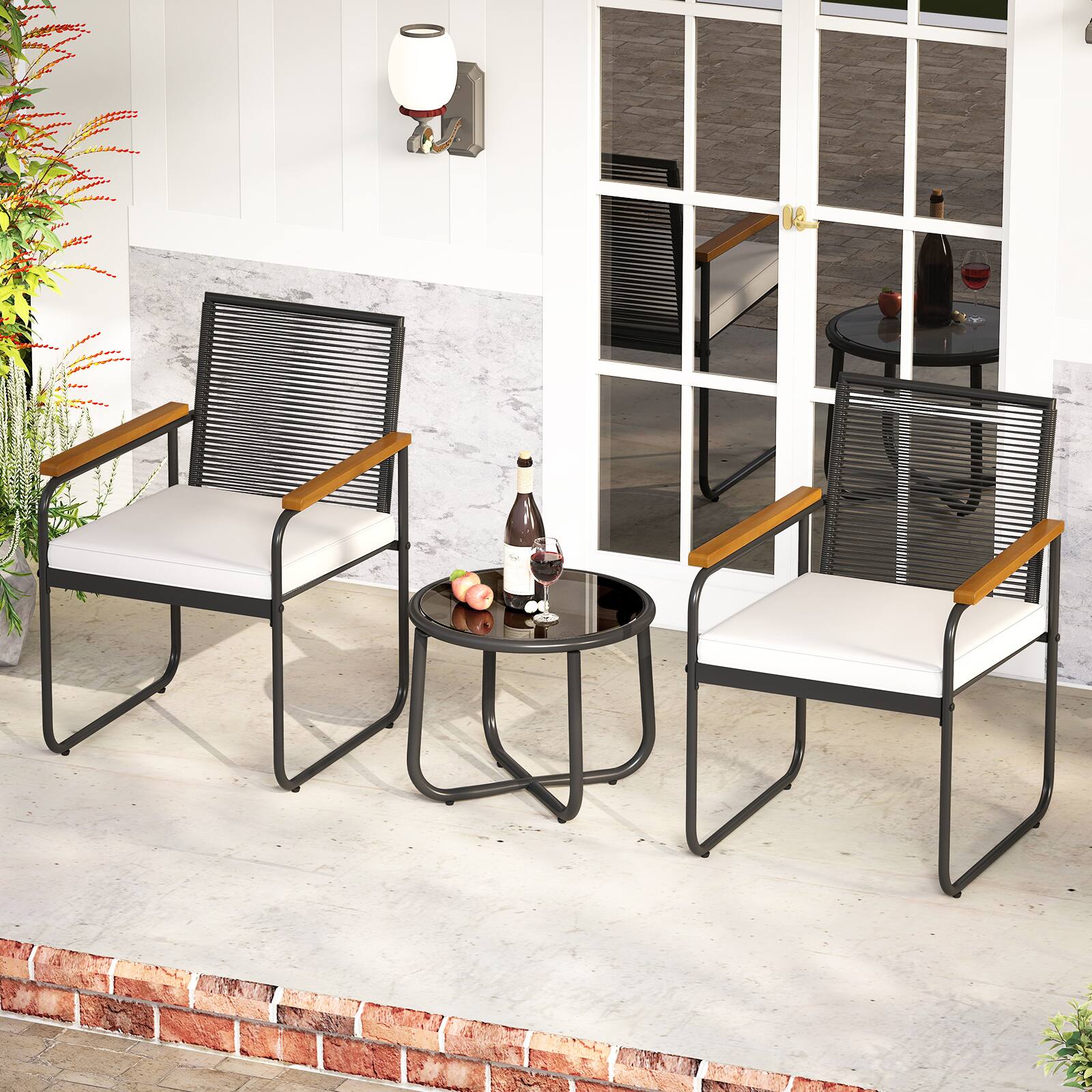 Alt View 3. Costway - Costway 3 PCS Patio Furniture Set with Round Tempered Glass Top Table Armrests & Cushions - Black.