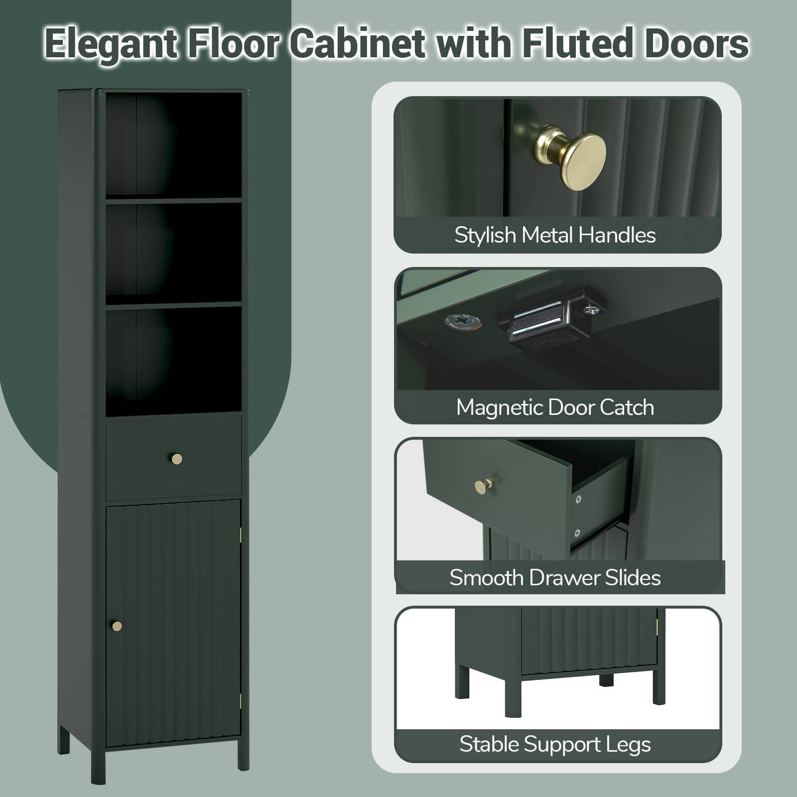 Elegant Floor Cabinet with Fluted Doors

- Stylish Metal Handles
- Magnetic Door Catch
- Smooth Drawer Slides
- Stable Support Legs