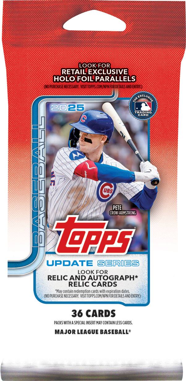 **Topps 2025 Trading Card**

**Look for Retail Exclusive Holo Foil Parallels**  
*(No purchase necessary. Visit topps.com/NPN for details and entry.)*

**Update Series**  
**Look for Relic and Autograph* Relic Cards**  
*(May contain redemption cards with expiration dates. No purchase necessary. Visit topps.com/NPN for details and entry.)*

**36 Cards**  
*Packs with a special insert may contain less cards.*

**Major League Baseball®**

*Pete Crow-Armstrong*  
*Chicago Cubs*