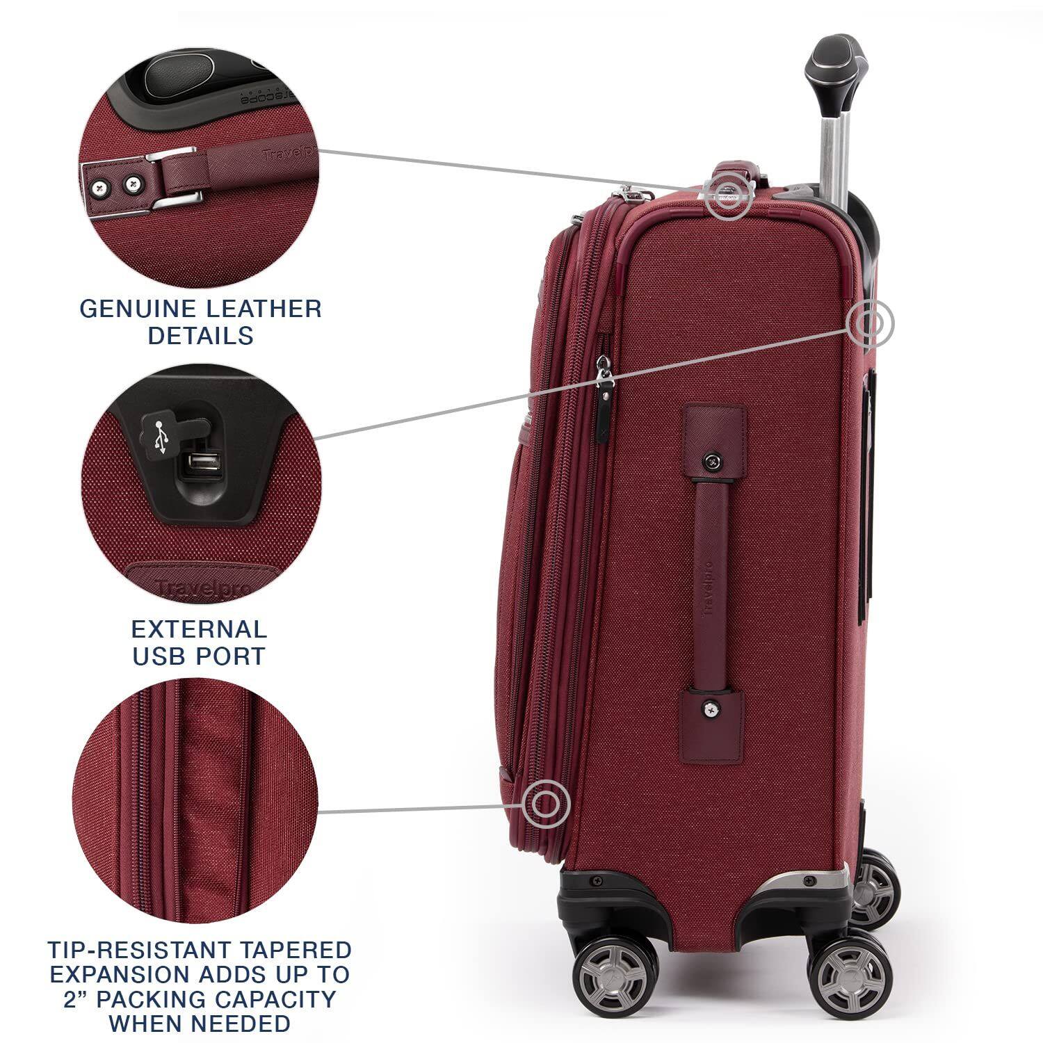 - GENUINE LEATHER DETAILS
- EXTERNAL USB PORT
- TIP-RESISTANT TAPERED EXPANSION ADDS UP TO 2" PACKING CAPACITY WHEN NEEDED