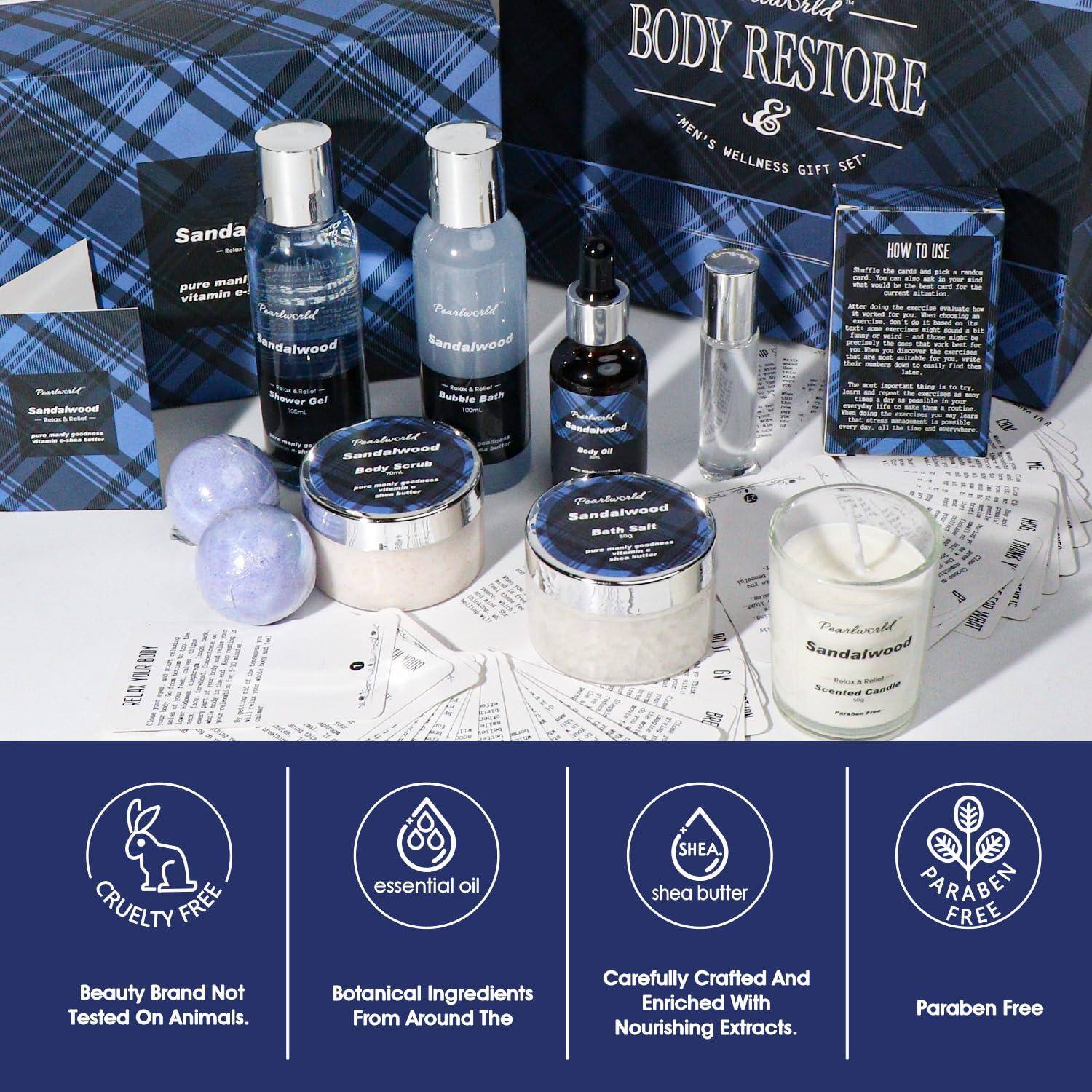 **BODY RESTORE**  
*Men's Wellness Gift Set*

**Sandalwood**  
- Pure Mani Vitamin E  
- Shower Gel Bubble Bath  
- Body Scrub  
- Body Oil  
- Scented Candle  
- Bath Salt  

**How to Use**  
[Instructions on how to use each product]

**Cruelty Free**  
Beauty Brand Not Tested On Animals.

**Essential Oil**  
Botanical Ingredients From Around The World.

**Shea Butter**  
Carefully Crafted And Enriched With Nourishing Extracts.

**Paraben Free**  
Paraben Free