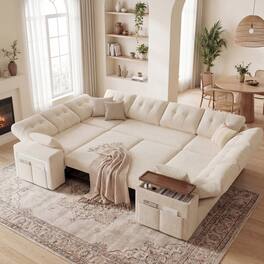 Dyonery - 112" Modular Sofa Set, U-Shaped 8-Seater Sofa Bed / With Height-Adjustable Storage Chaise Armrests / USB/LED Light. - Beige