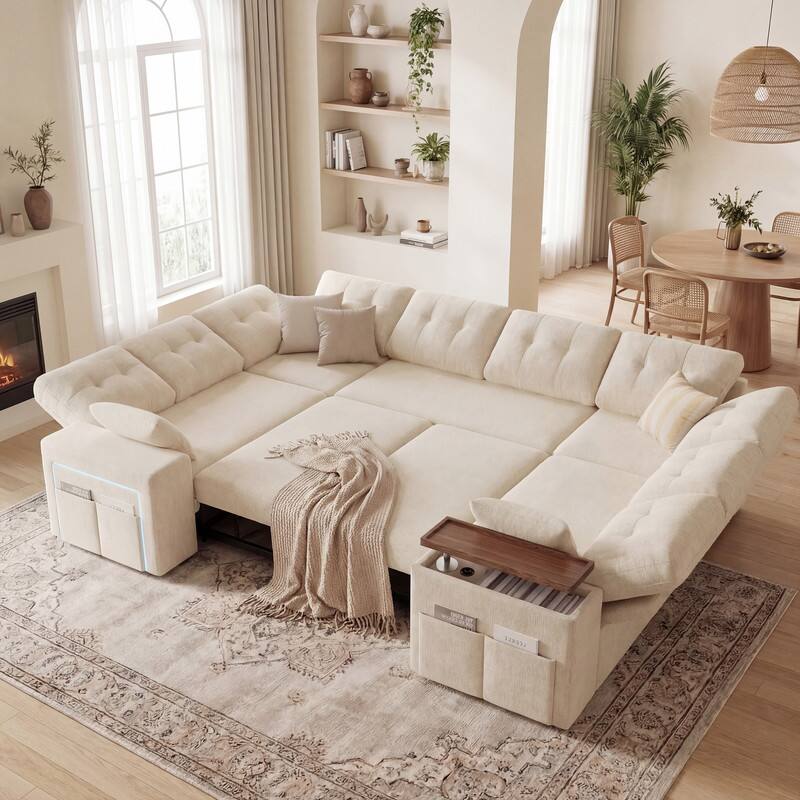 Alt View 4. Dyonery - Dyonery 112" Modular Convertible Sectional Sleeper Sofa with Pull Out Bed,Linen Convertible Couch with Storage Seat - Beige.