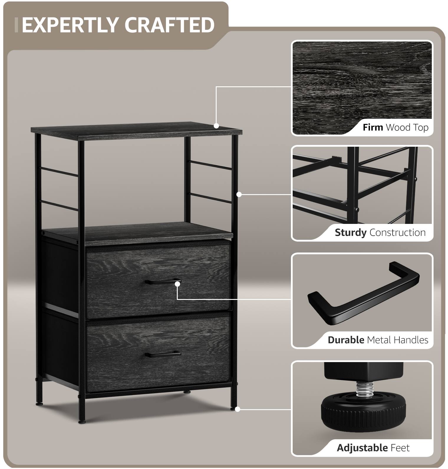 EXPERTLY CRAFTED

- Firm Wood Top
- Sturdy Construction
- Durable Metal Handles
- Adjustable Feet