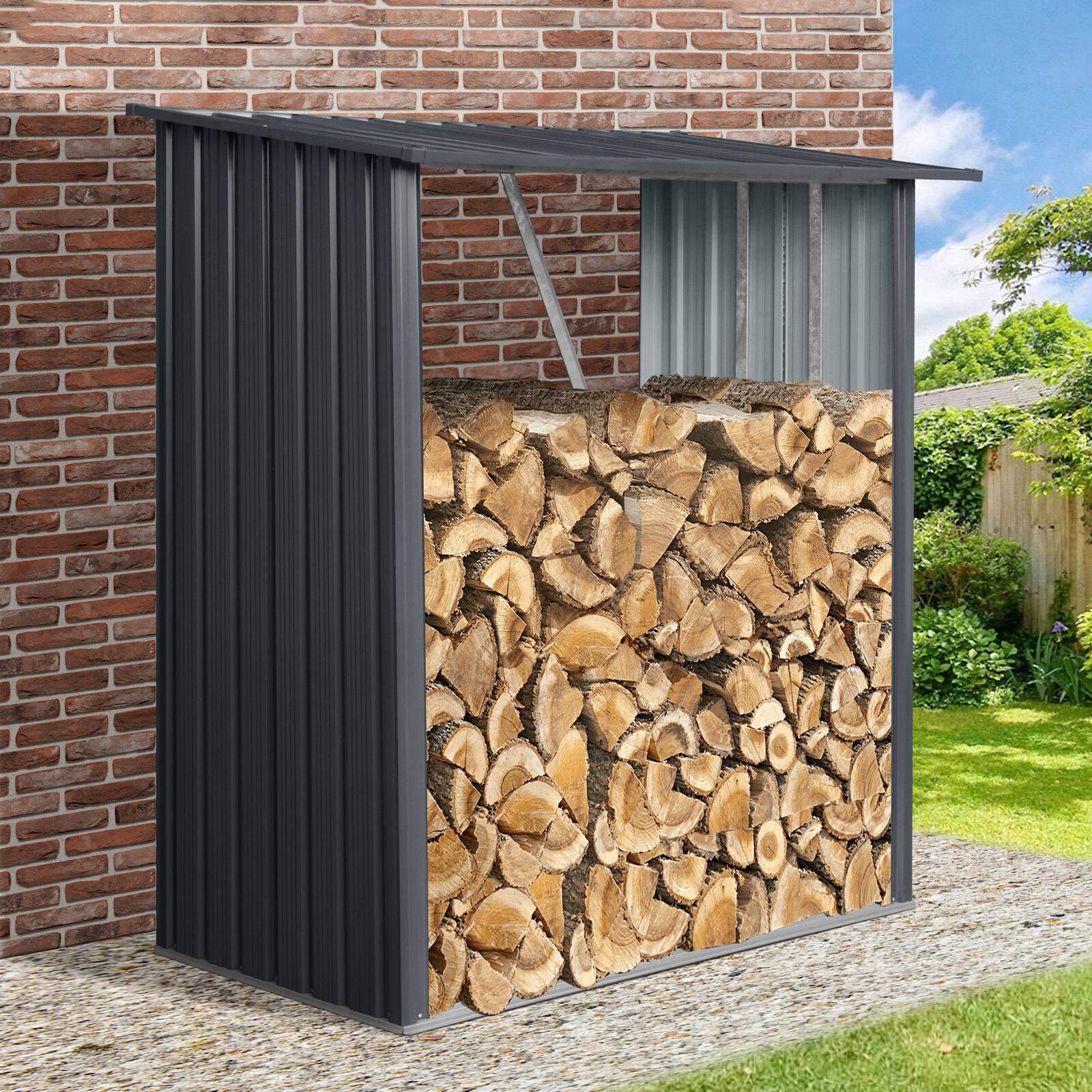 Angle. Mondawe - 3ft x 5ft Outdoor Meta Firewood Rack - Black.