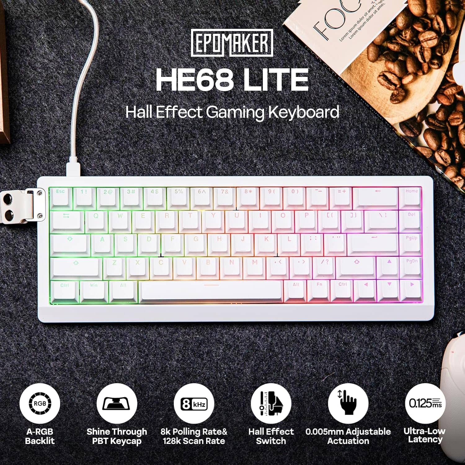 EPOMAKER HE68 Lite Hall Effect Gaming Keyboard, 8k Polling & 128K