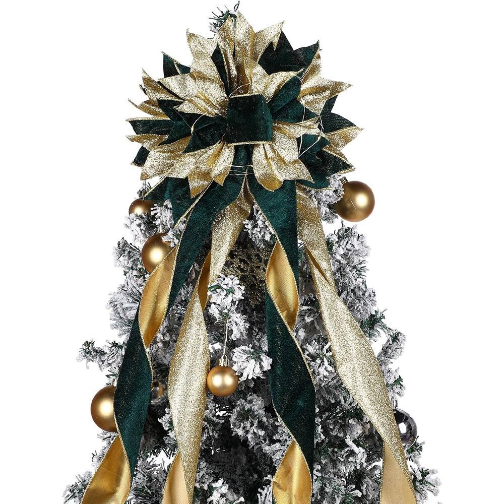 PARKER SLATER - Velvet Christmas Tree Topper Bow – 11.8"x44.5", with Gold Glitter & Lights - Green