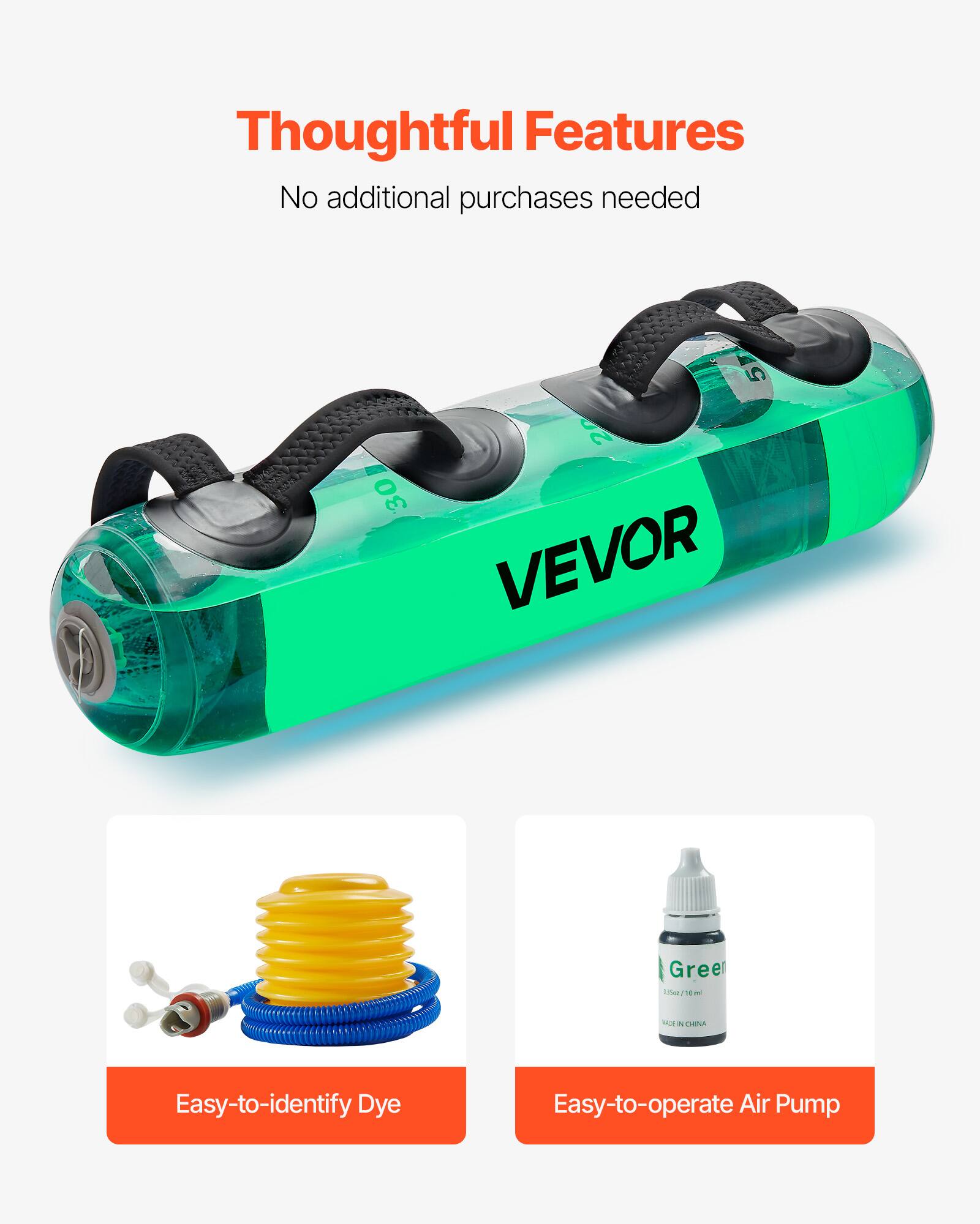 Thoughtful Features
No additional purchases needed
VEVOR
Easy-to-identify Dye
Easy-to-operate Air Pump