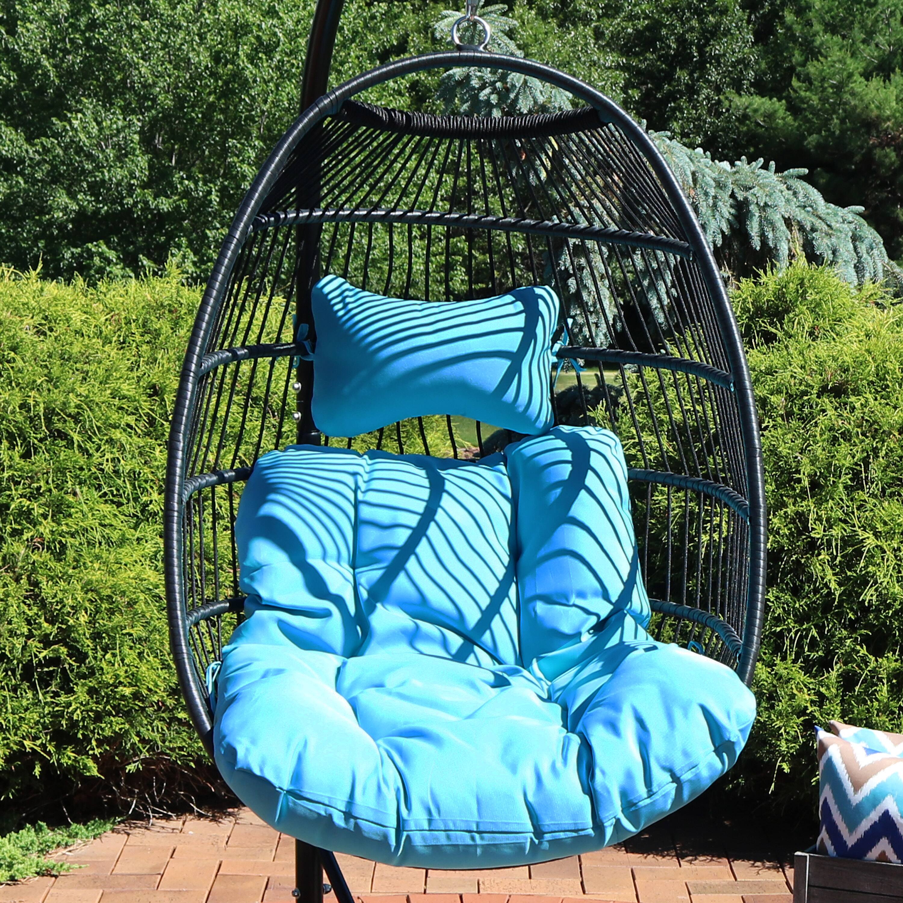 Alt View 3. Sunnydaze - Black Polyethylene Wicker Hanging Egg Chair with Cushions - Blue.