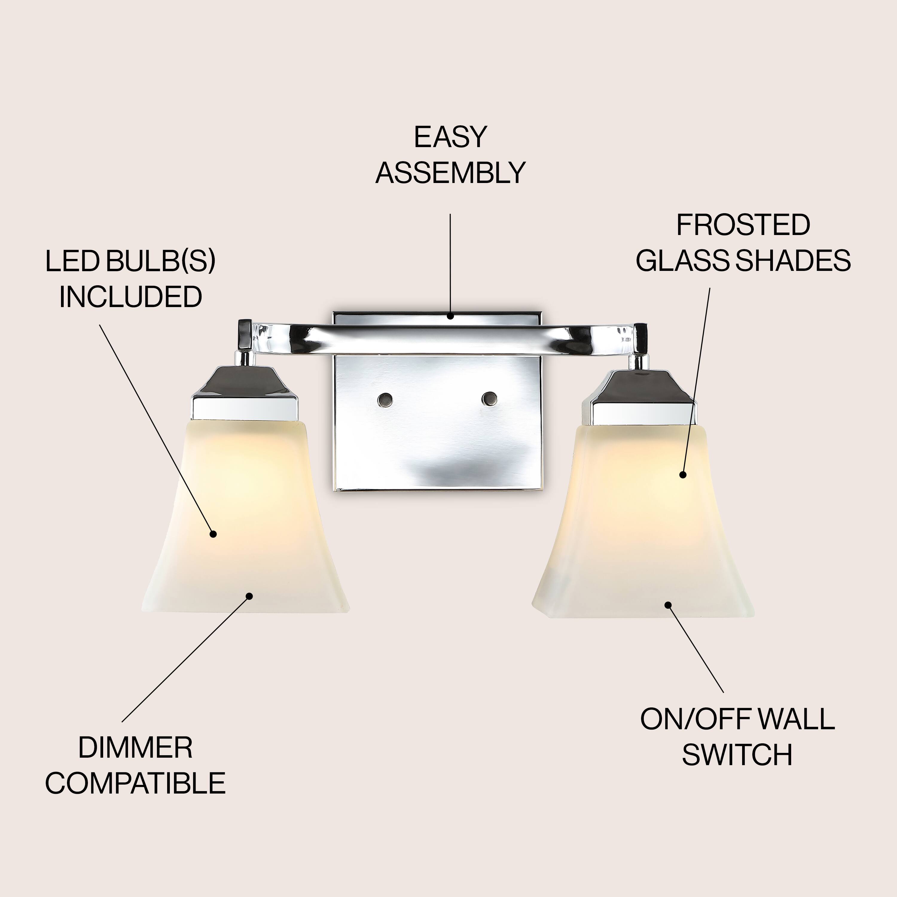 EASY ASSEMBLY  
LED BULB(S) INCLUDED  
FROSTED GLASS SHADES  
DIMMER COMPATIBLE  
ON/OFF WALL SWITCH