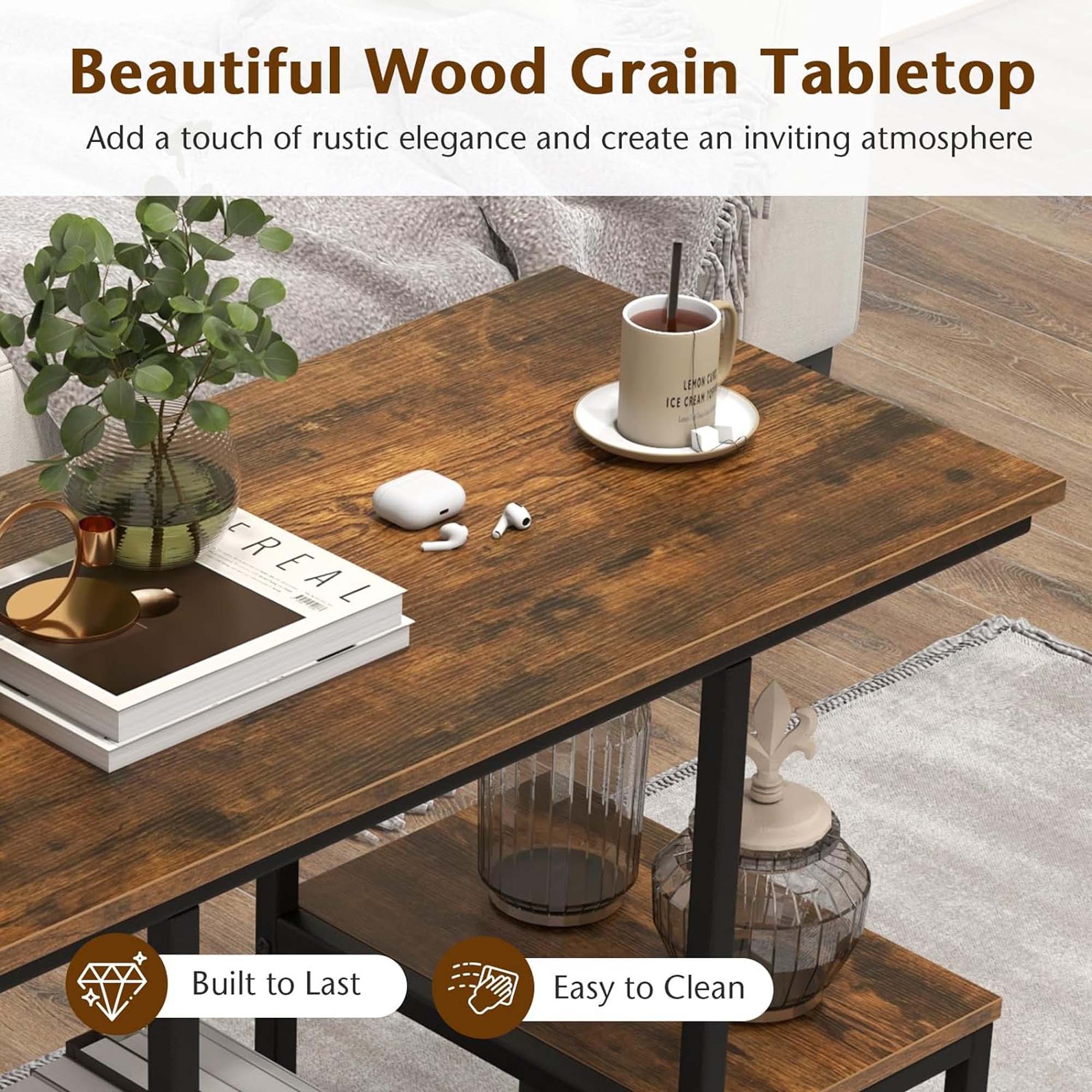 Beautiful Wood Grain Tabletop Add a touch of rustic elegance and create an inviting atmosphere. Built to last and easy to clean.