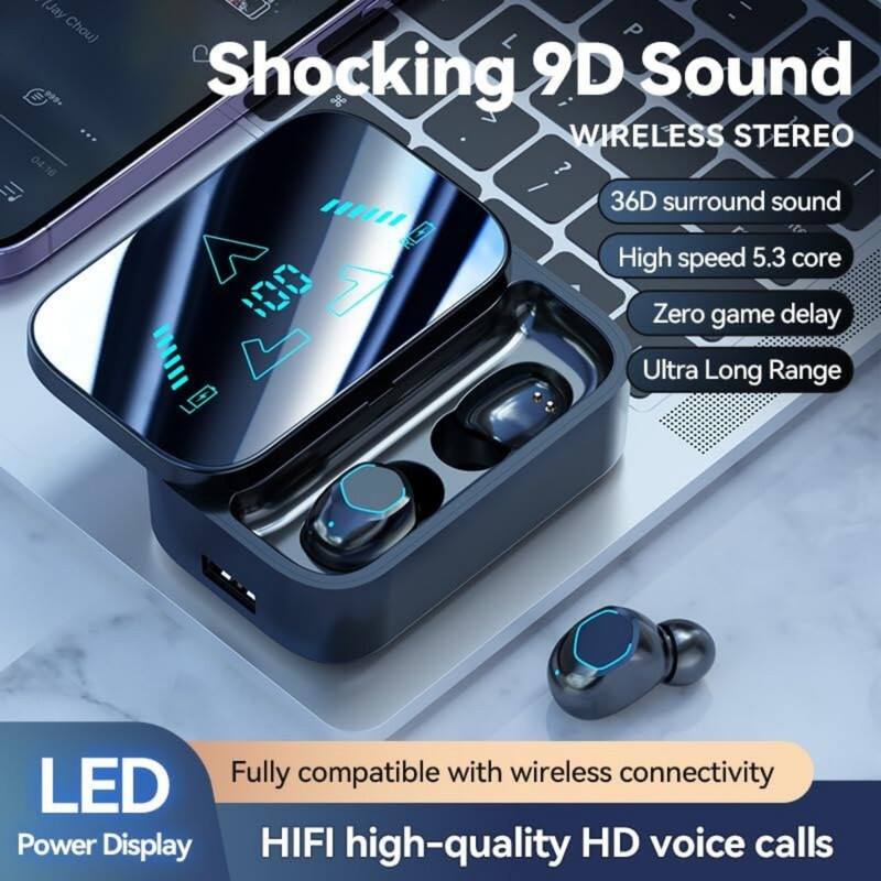 Shocking 9D Sound  
WIRELESS STEREO  

- 36D surround sound  
- High speed 5.3 core  
- Zero game delay  
- Ultra Long Range  

LED Power Display  

Fully compatible with wireless connectivity  
HIFI high-quality HD voice calls