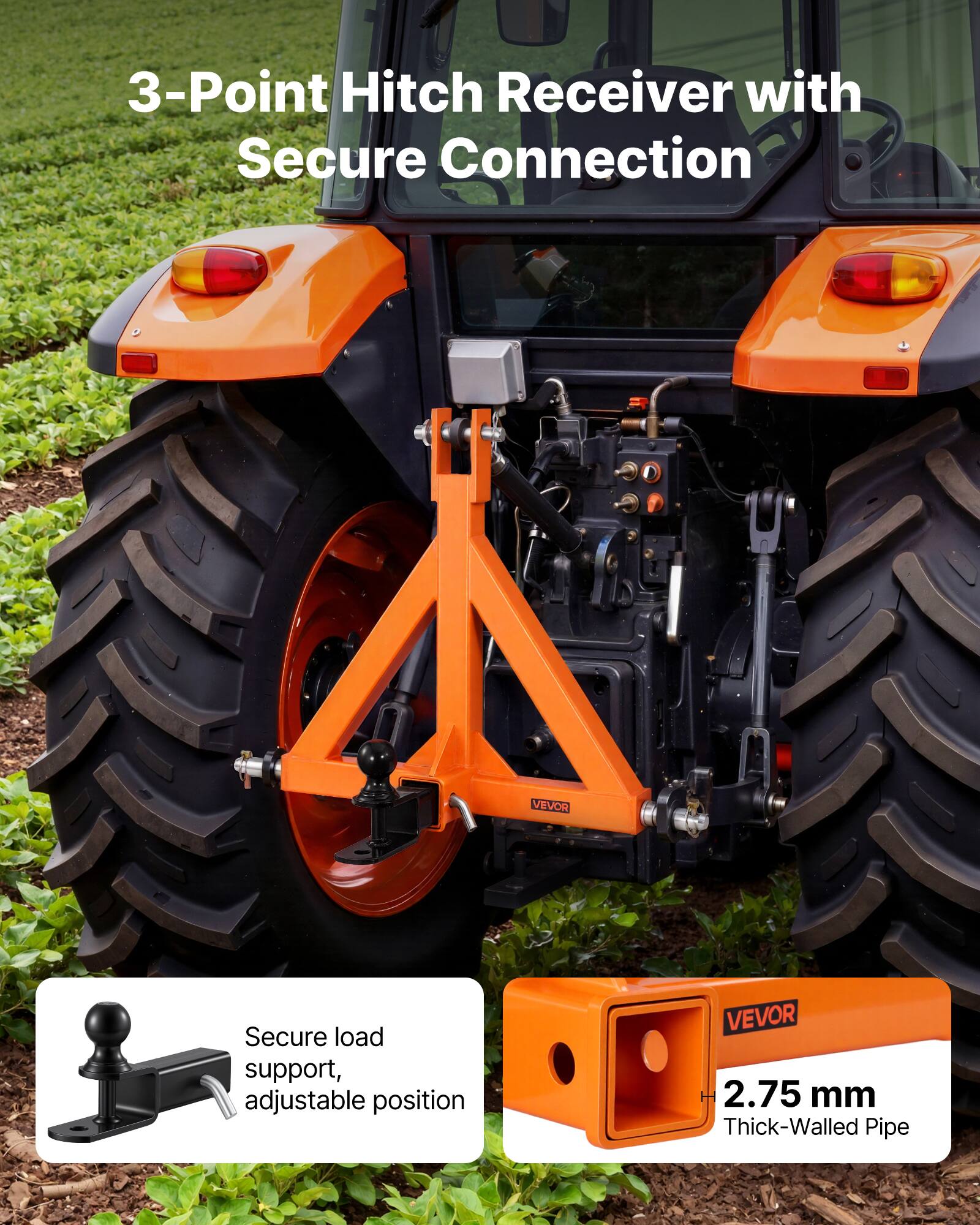 3-Point Hitch Receiver with Secure Connection

Secure load support, adjustable position

2.75 mm Thick-Walled Pipe