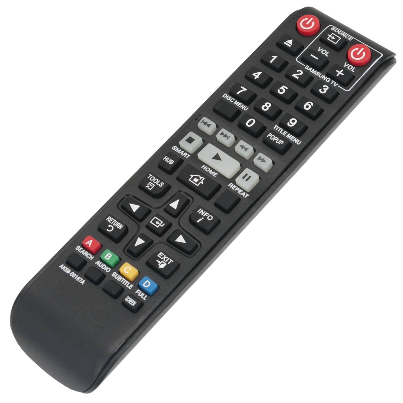 SOURCE VOL 1 + VOL 2 SAMSUNG TV 3 4 5 6 DISC MENU 7 8 9 TITLE MENU SMART HUB TOOLS HOME REPEAT INFO RETURN A SEARCH EXIT B AUDIO C SUBTITLE D FULL SCREEN