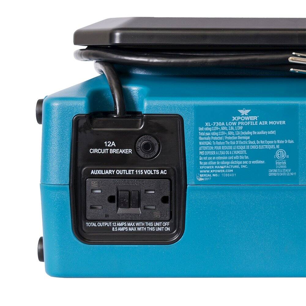 RESET 12A CIRCUIT BREAKER  
PRESS  
AUXILIARY OUTLET 115 VOLTS AC  

URDISEE XPOWER XL-730A LOW PROFILE AIR MOVER  
Unit rating: 115V, 60Hz, 2.8A, 1/3HP  
Total rating: 115V~ 60Hz, 12A (including the auxiliary outlet)  
Thermally Protected / Protection thermique  

WARNING: To Reduce The Risk Of Electric Shock, Do Not Expose to Water Or Rain.  
ATTENTION: POUR REDUIRE LE RISQUE DE CHOCS ELECTRIQUES, NE PAS EXPOSER A EAU OU A HUMIDITE  

Do not use an extension cord with this fan.  
Ne pas utiliser de rallonge électrique avec ce ventilateur.  

ETL US  
Intertek XPOWER MANUFACTURE, INC.  
3 29695  
www.XPOWER.COM  
CONFIRM SONO SERIAL NO.: 1000401  
CERTIFIED FETICSAS C22001 04/2017  

TOTAL OUTPUT: 