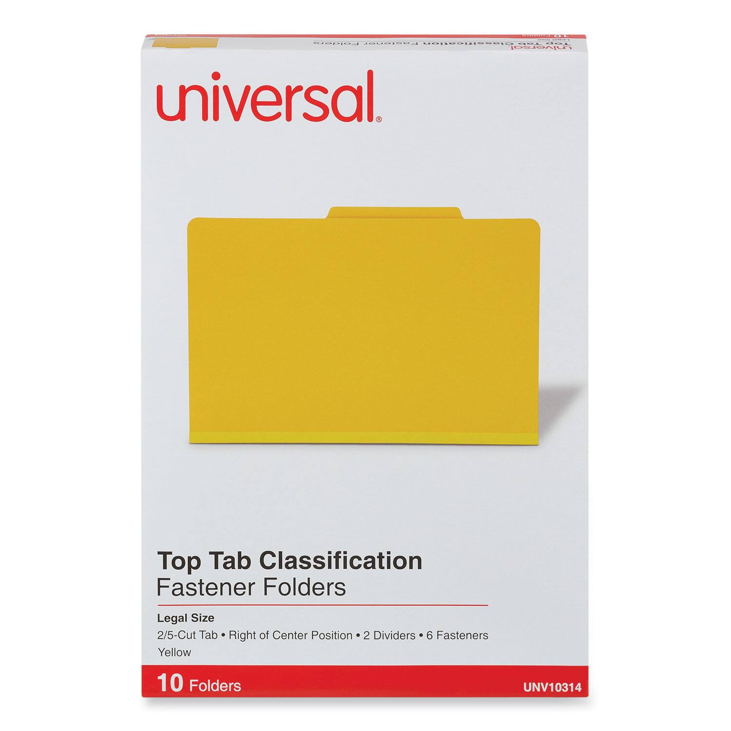 - Universal
- Top Tab Classification Fastener Folders
- Legal Size
- 2/5-Cut Tab • Right of Center Position
- 2 Dividers • 6 Fasteners
- Yellow
- 10 Folders
- UNV10314