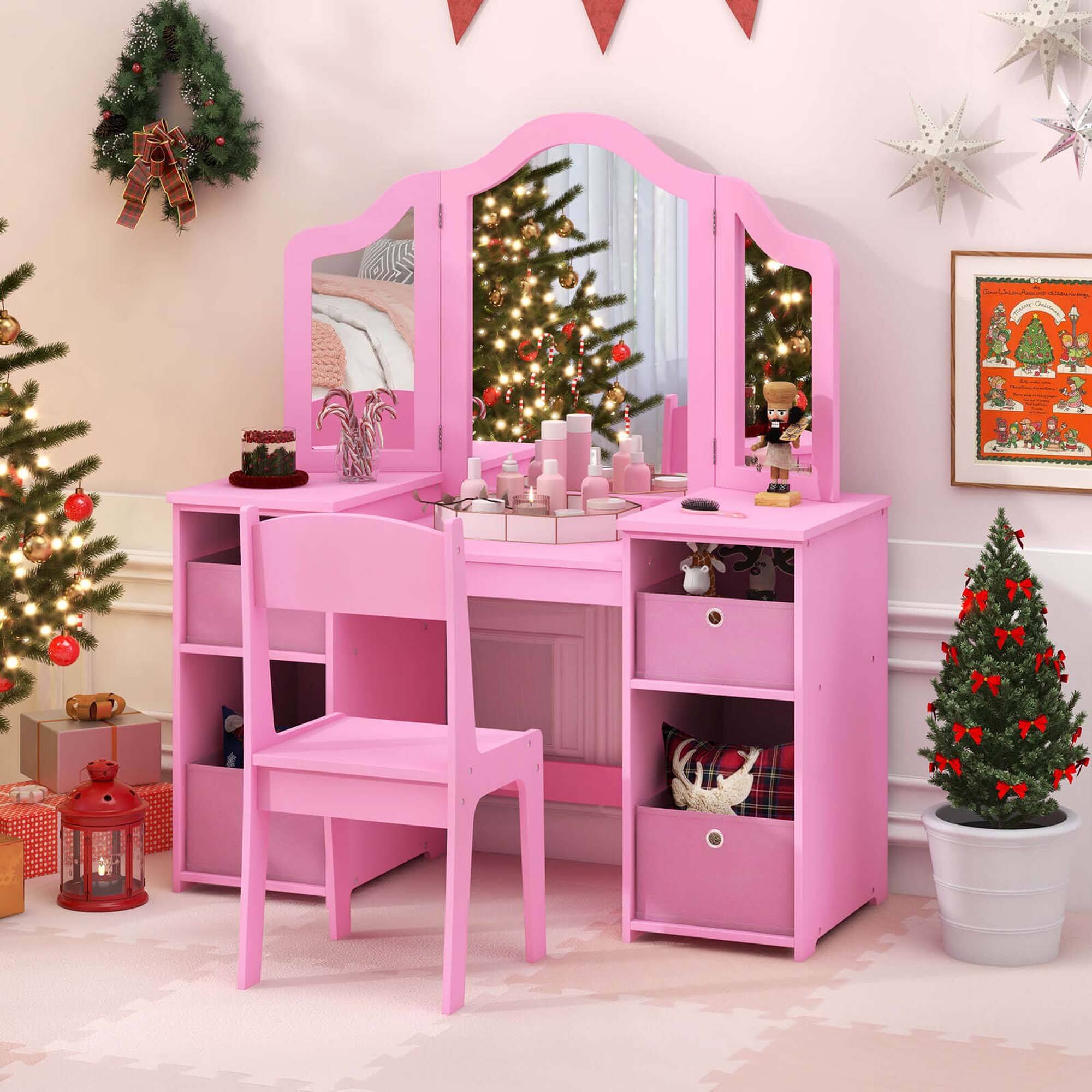Alt View 1. Costway - Costway Kids Vanity Table & Chair Set 2-in-1 Princess Pretend Play Makeup Vanity Set - Pink.