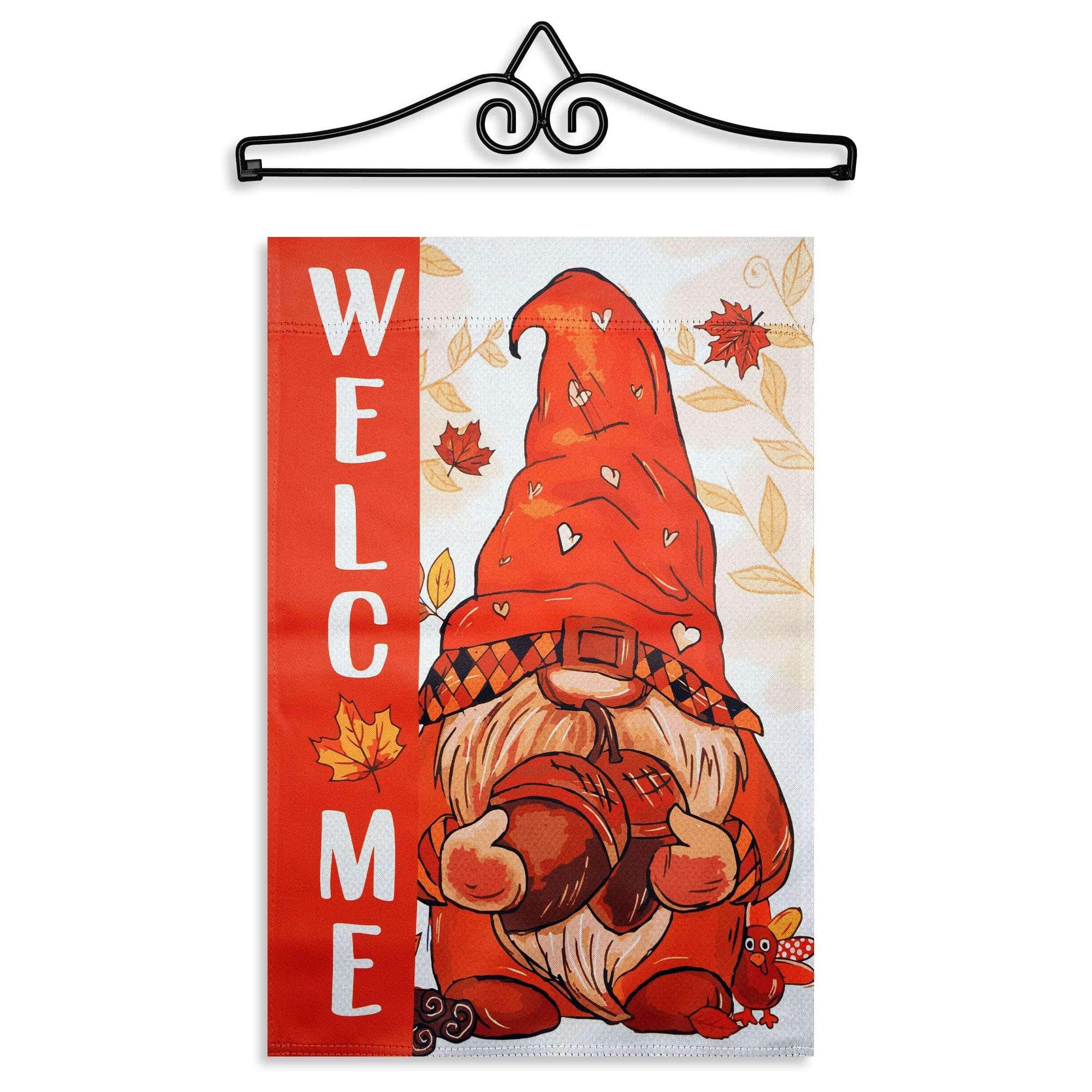 G128 - 12x18IN Welcome Fall Gnome Acorn Garden Flag with 14IN Hanger - Red