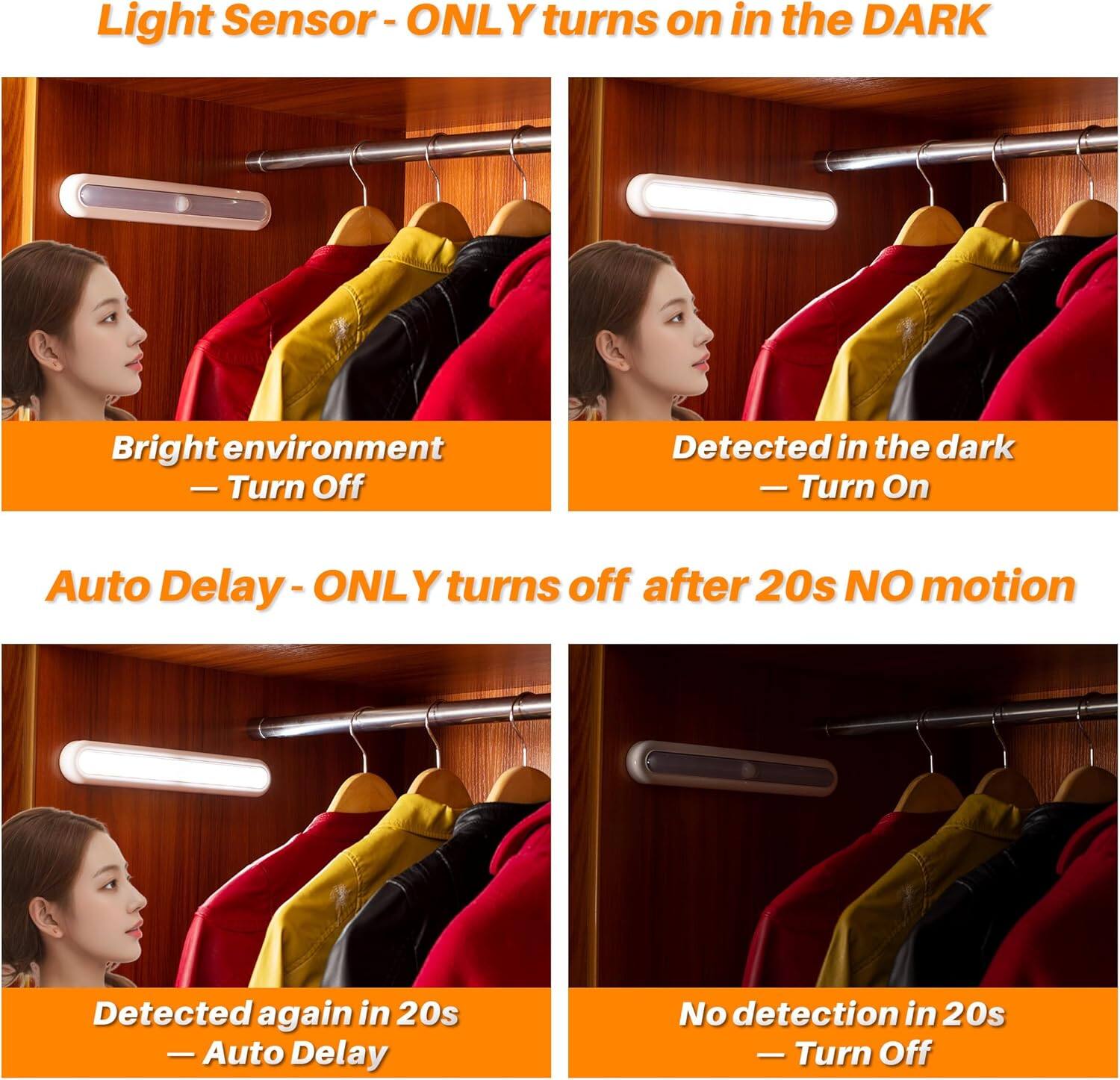 Light Sensor - ONLY turns on in the DARK

- Bright environment — Turn Off
- Detected in the dark — Turn On

Auto Delay - ONLY turns off after 20s NO motion

- Detected again in 20s — Auto Delay
- No detection in 20s — Turn Off
