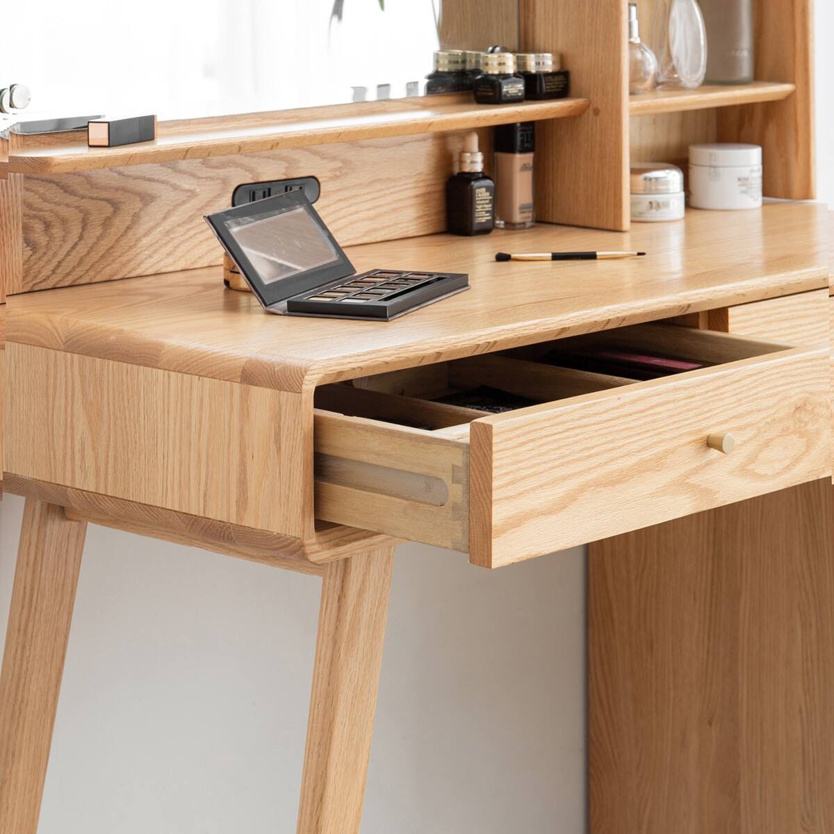 Alt View 1. Loheer - Loheer Solid Oak Makeup Vanity Adjustable Width Table with Mirror - Oak.