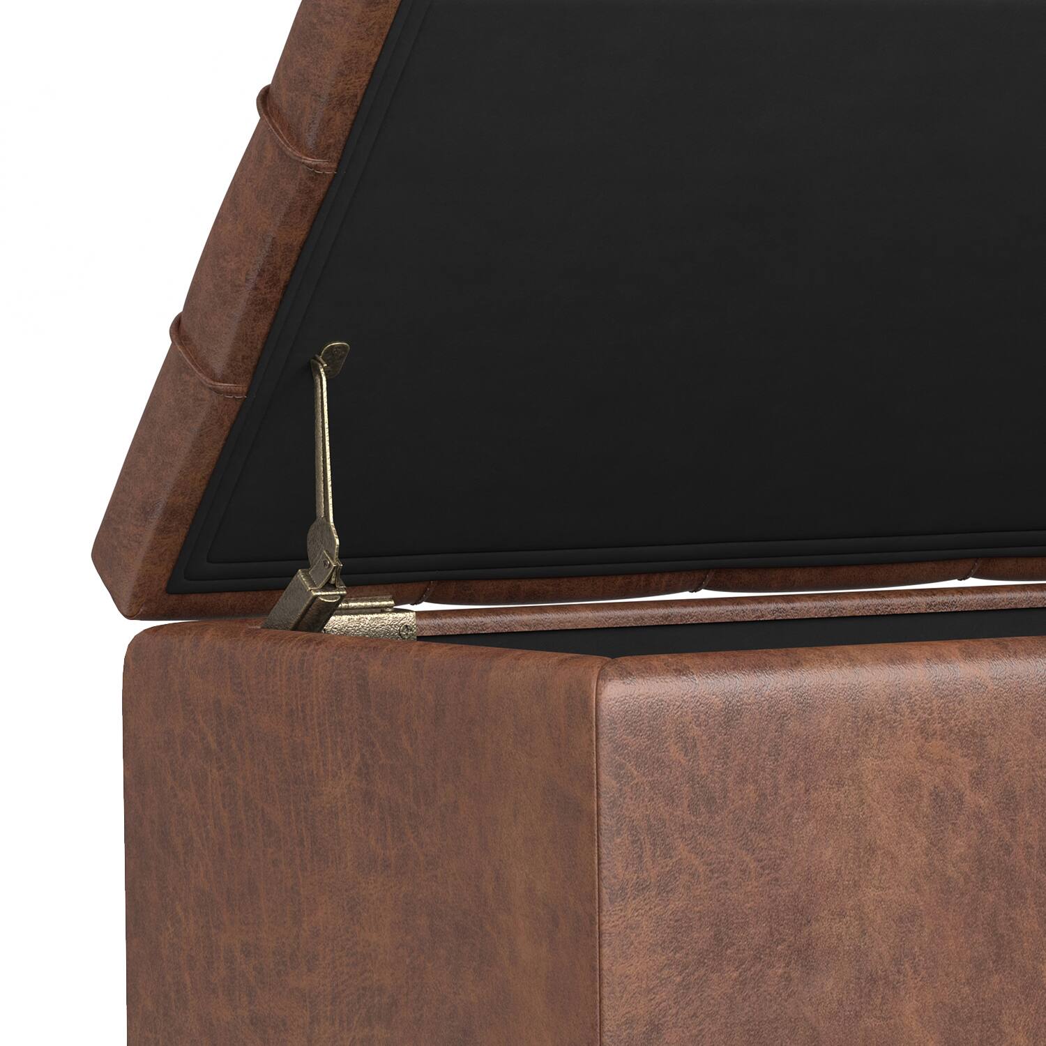 Alt View 5. Simpli Home - Sienna 33 inch Wide Storage Ottoman Bench in Distressed Saddle Brown Vegan Leather - Distressed Saddle Brown.