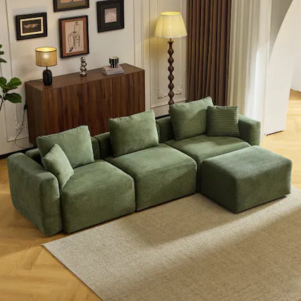 Front. Winado - 112" Sectional Couches Corduroy Upholstery L-Shape 3 Seat Sofa Set Lounge Removable Ottoman Chaise Couch for Living Room - Green.