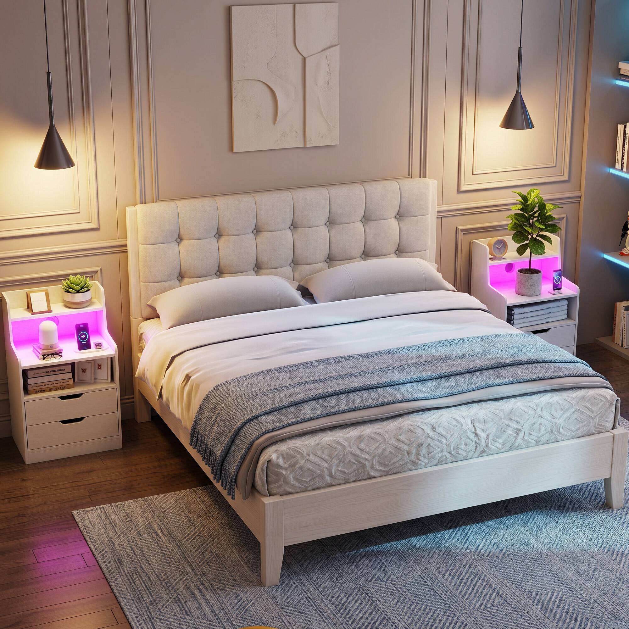 Alt View 4. WELLFOR - LED Nightstand with Charging Station for Bedroom & Living Room - White.