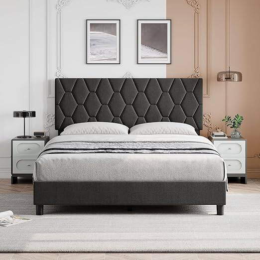 Front. GARVEE - Queen Size Platform Bed Frame Light Grey Upholstered Headboard No Box Spring Modern Bed Frame - Light Grey Queen.