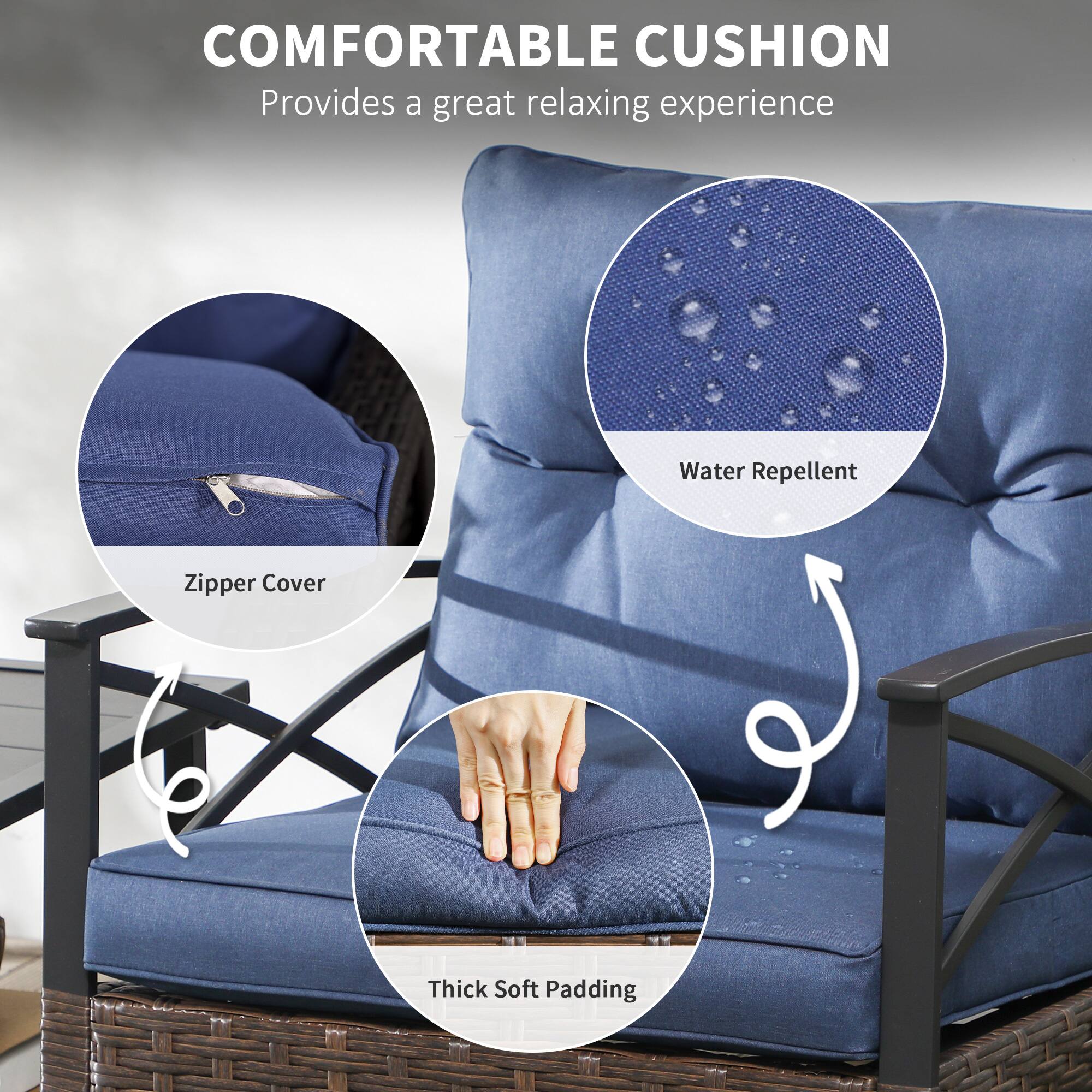 COMFORTABLE CUSHION
Provides a great relaxing experience
Water Repellent
Zipper Cover
Thick Soft Padding