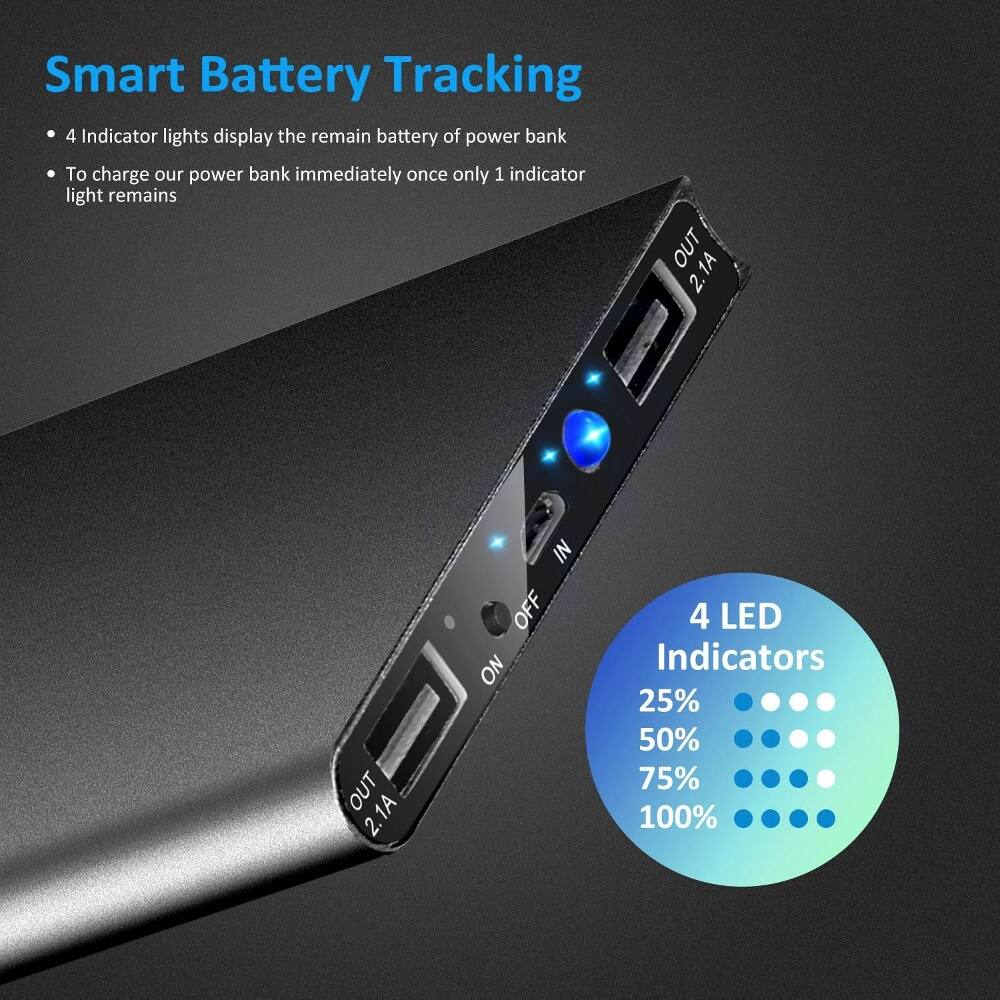 Smart Battery Tracking

- 4 Indicator lights display the remain battery of power bank
- To charge our power bank immediately once only 1 indicator light remains

OUT 2.1A
IN OFF ON

4 LED Indicators
25% 50% 75% 100%