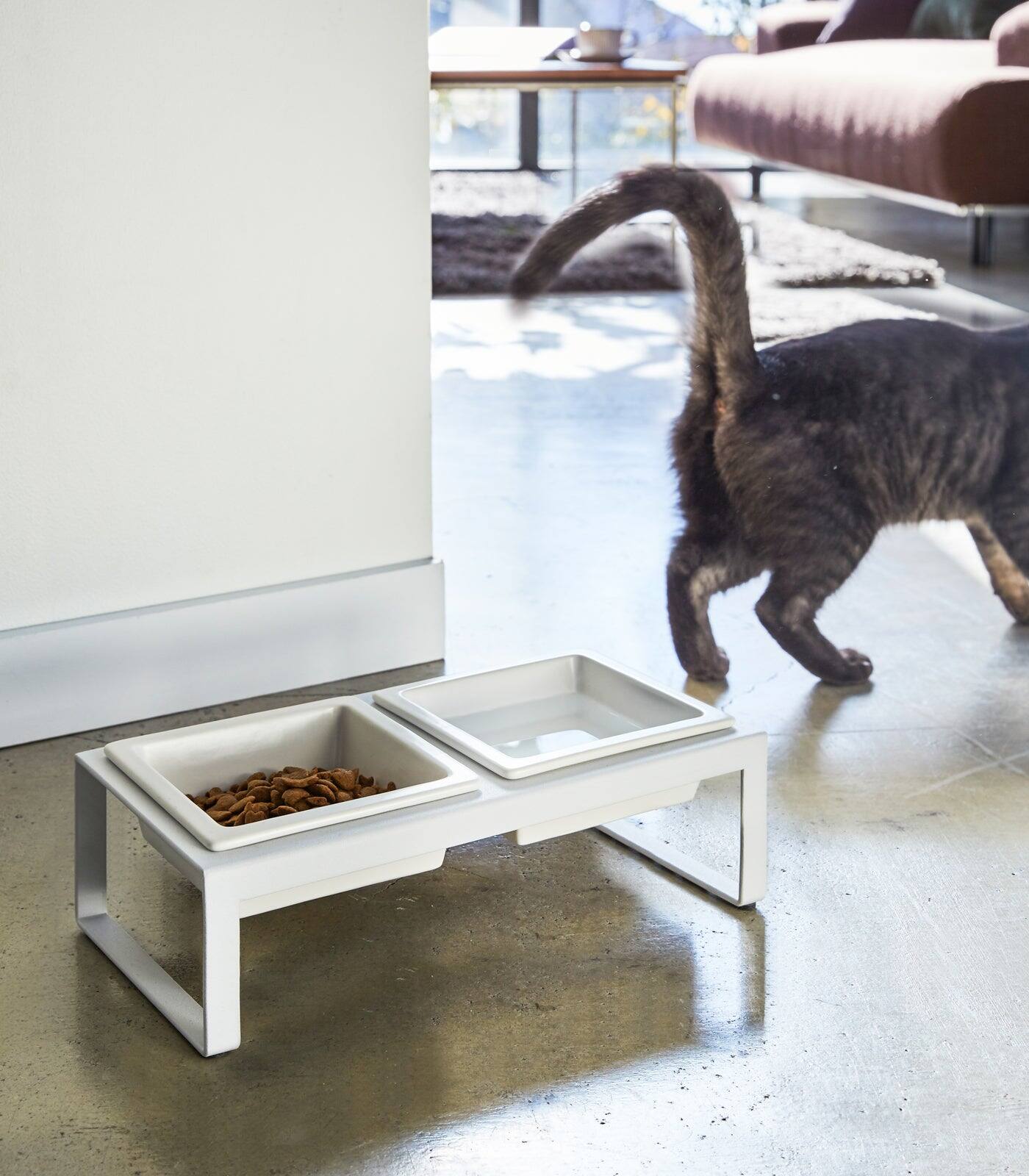 Angle. Yamazaki Home - Pet Food Bowl - Tall - Steel + Ceramic - White.